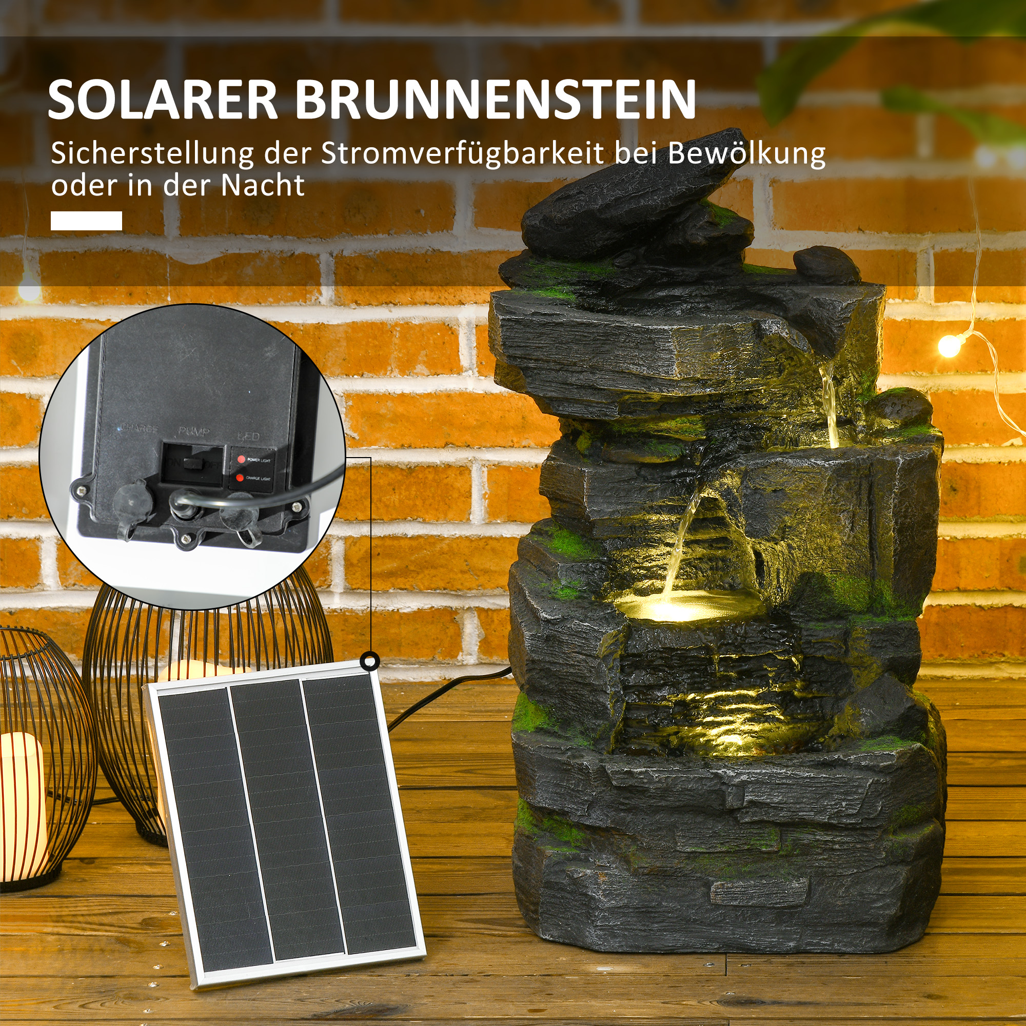Outsunny Tuinfontein, Steen-look, 4-traps, Zonne-energie, LED's, 57cm Hoogte, Kunstharz, Grijs