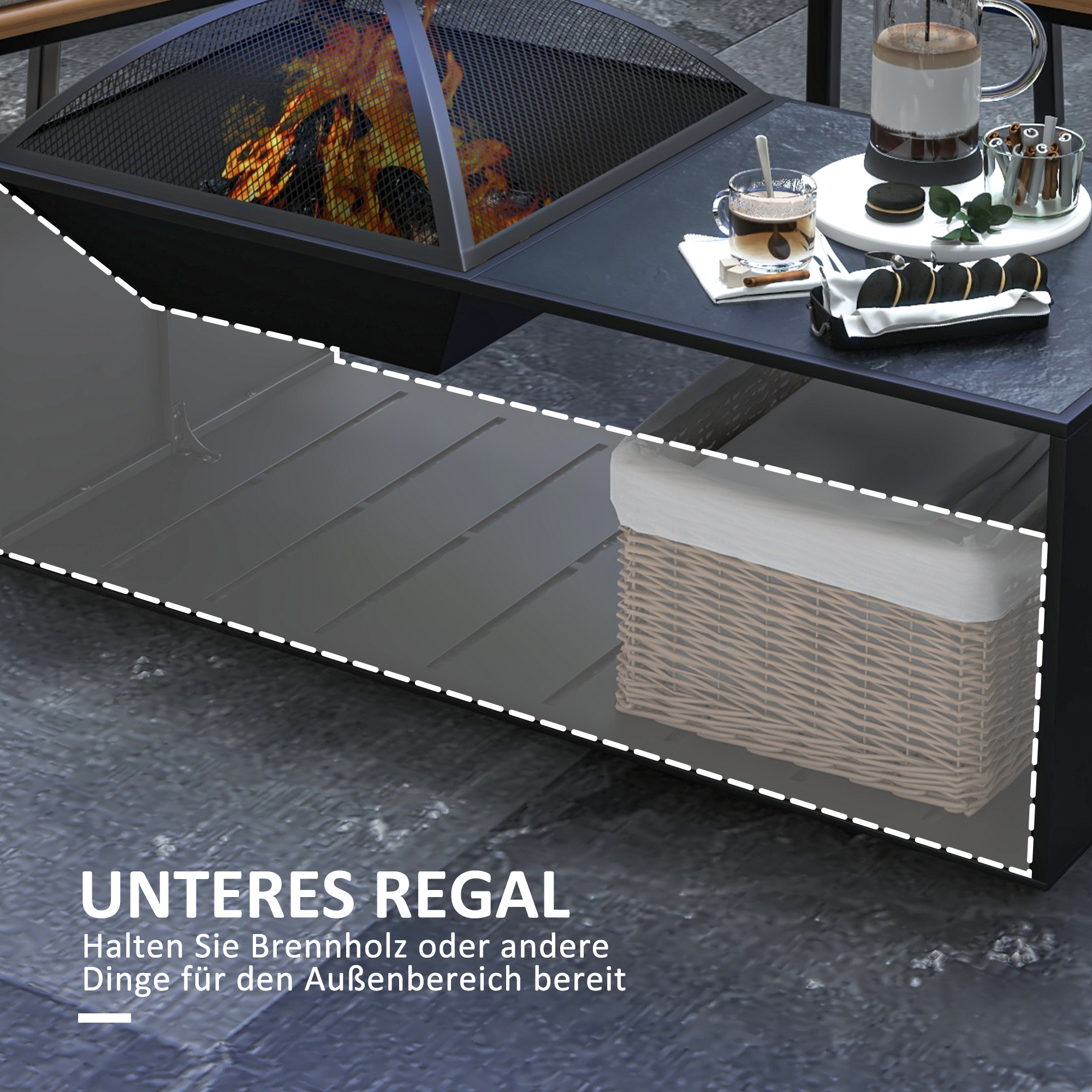 Outsunny 2-in-1 vuurschaal, tafelblad met keramische tegels, pook, roestvrij, 101 x 51 x 56 cm, zwart