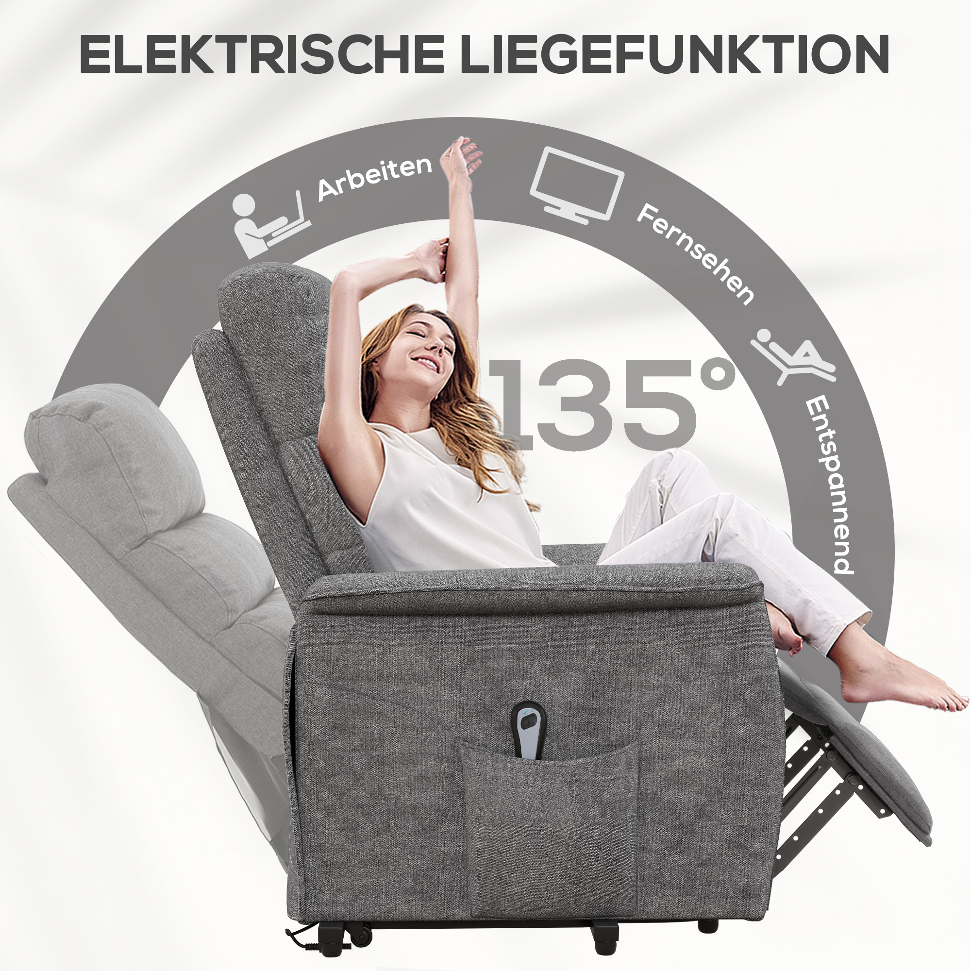 HOMCOM Relaxfauteuil met Elektrische Opstaanondersteuning, Verstelbare Rugleuning/Voetensteun, tot 120 kg, 66x90x96 cm, Grijs