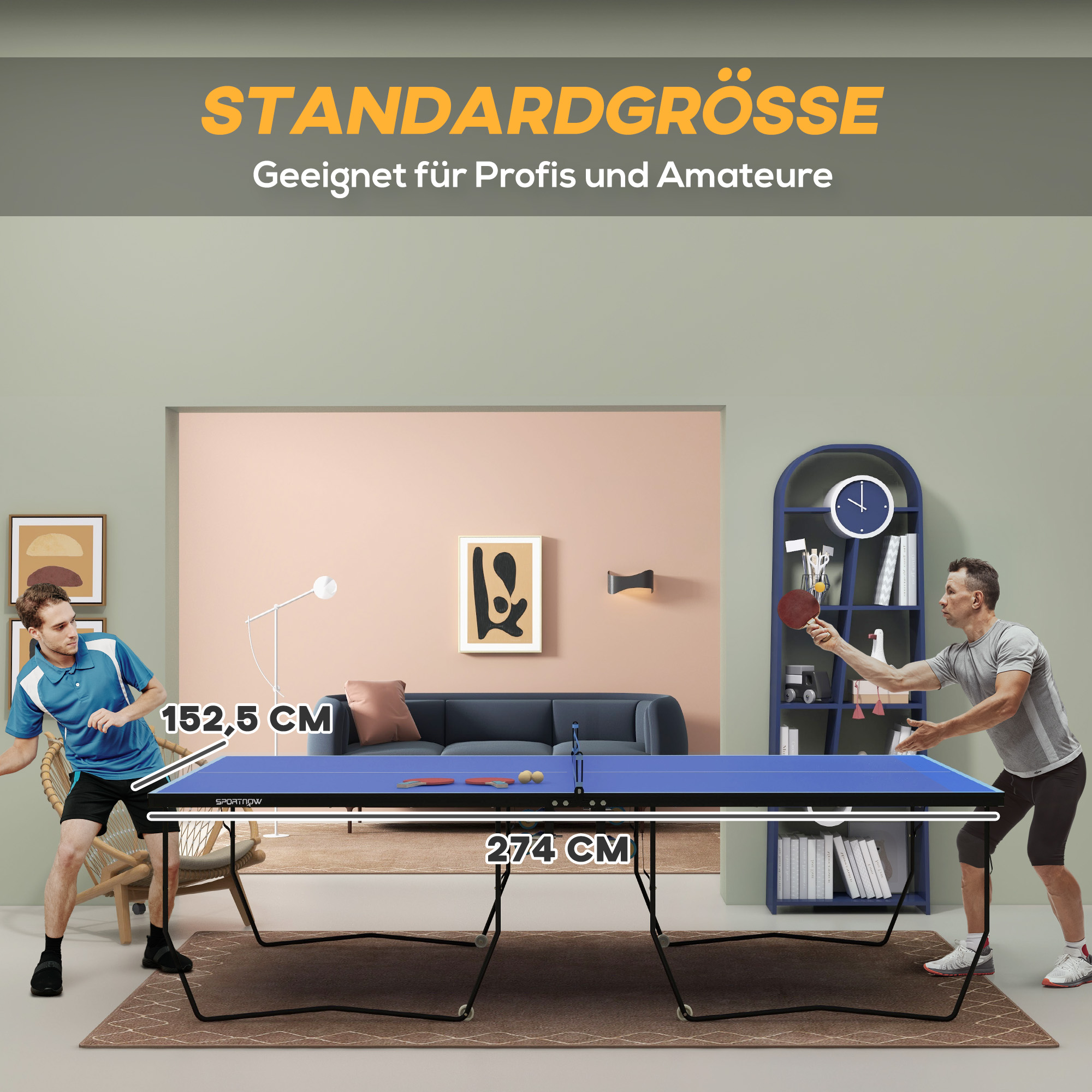 SPORTNOW Opvouwbare Tafeltennistafel, 8 Wielen, Poedergecoat Staalframe, MDF, 274 x 152,5 x 76 cm, Blauw