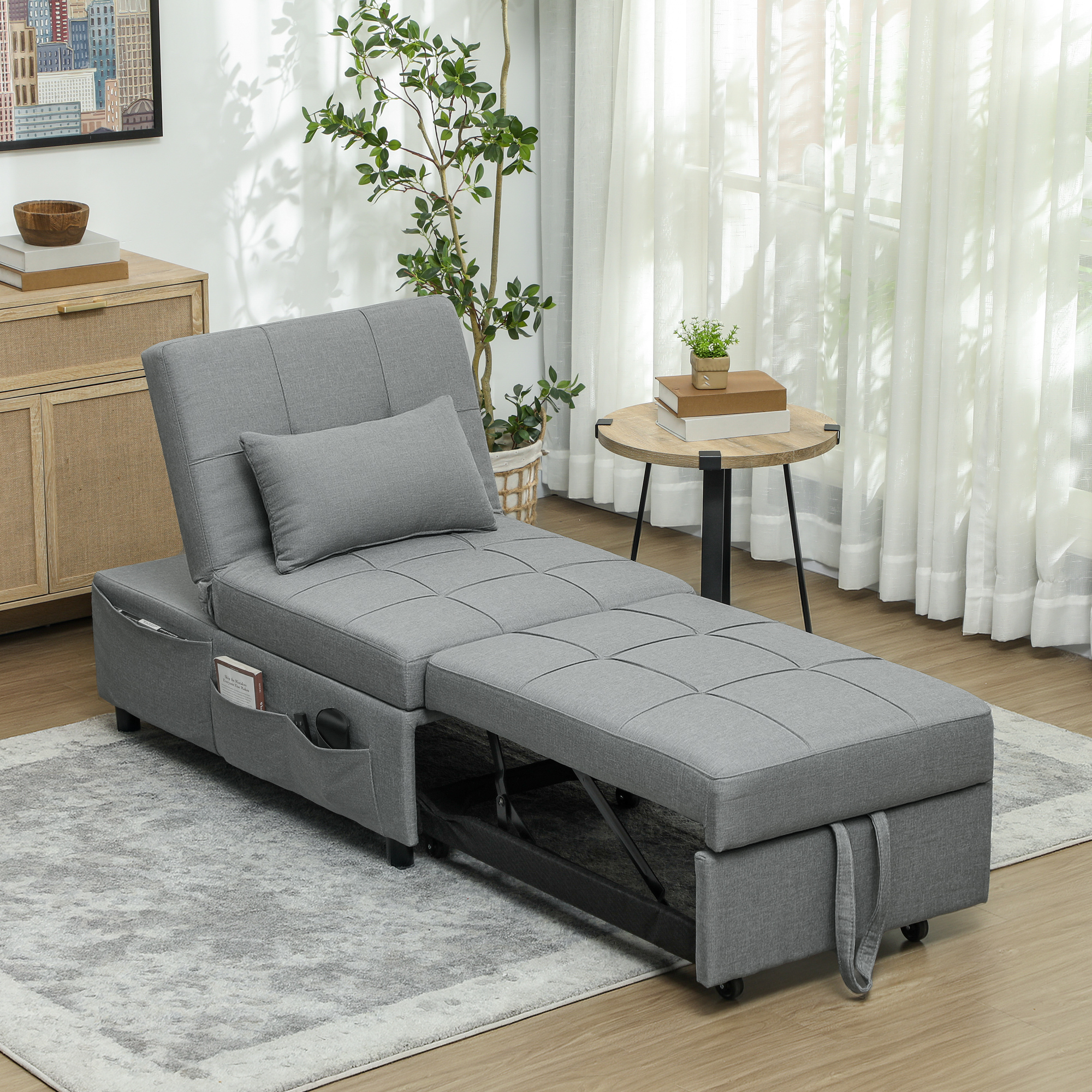 HOMCOM 3-in-1 Opklapbare Fauteuil met Zijvak, Gastenbed met Kussen, Verstelbare Rugleuning, Slaapstoel met Wielen, Lichtgrijs