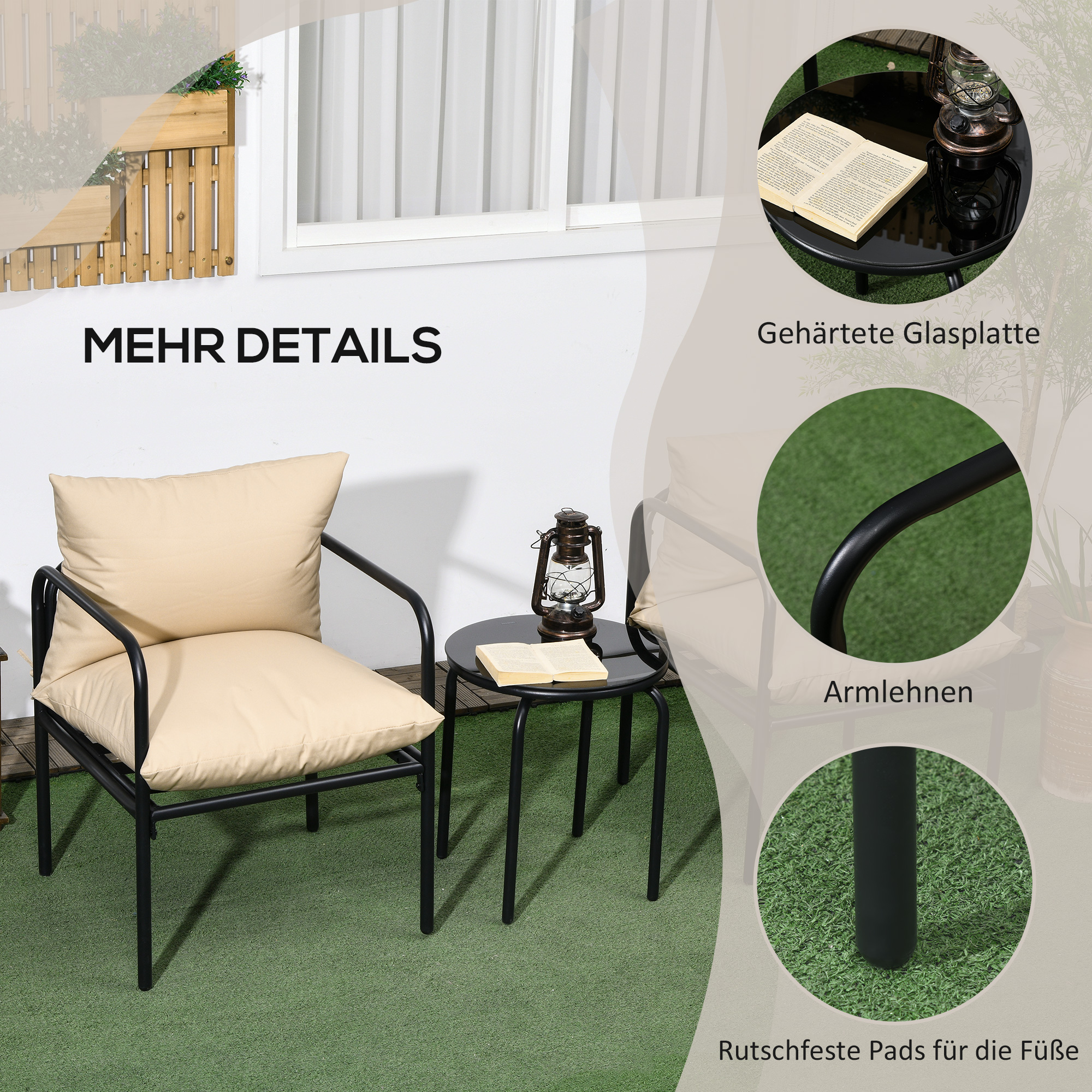 Outsunny Tuinset, 3-delig, 2 stoelen, tafel met glazen blad, zitkussen, metalen frame, beige