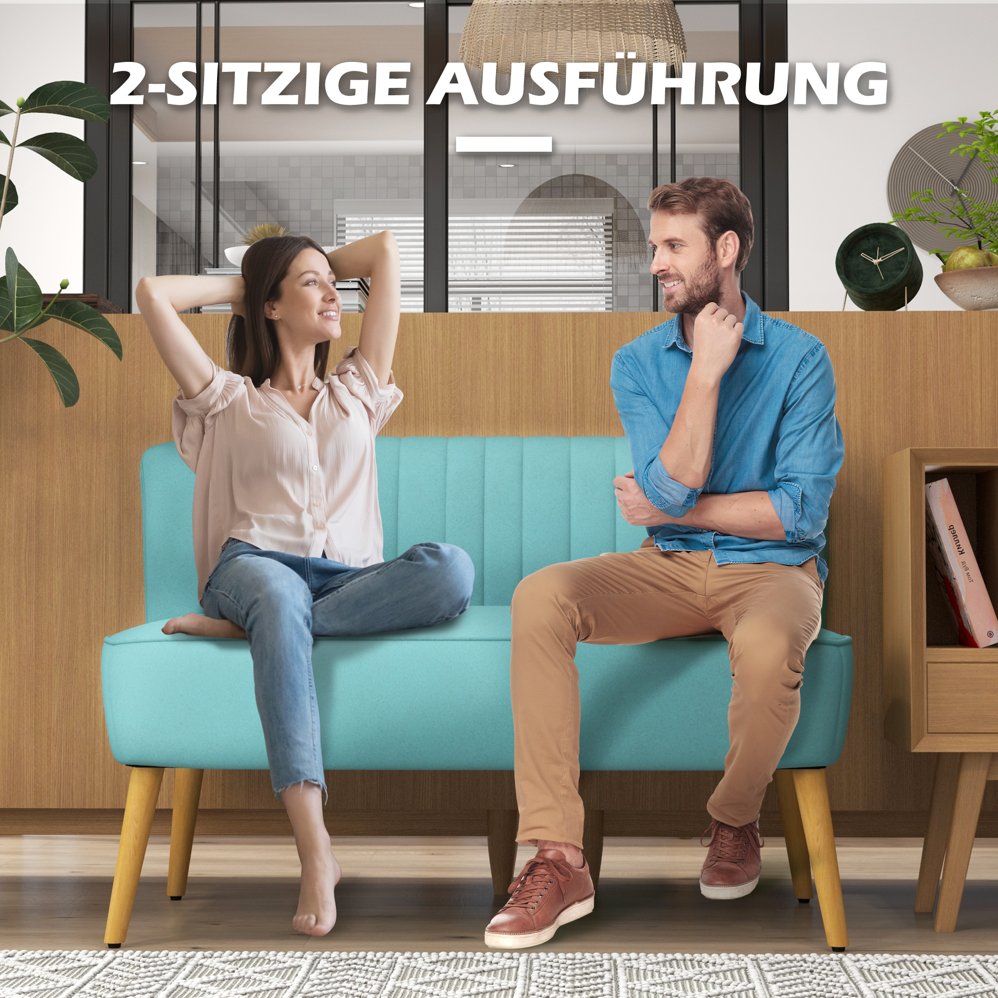 HOMCOM Sofa Retrodesign 2-zitsbank, houten poten, 117 cm x 56,5 cm x 77 cm, Groente