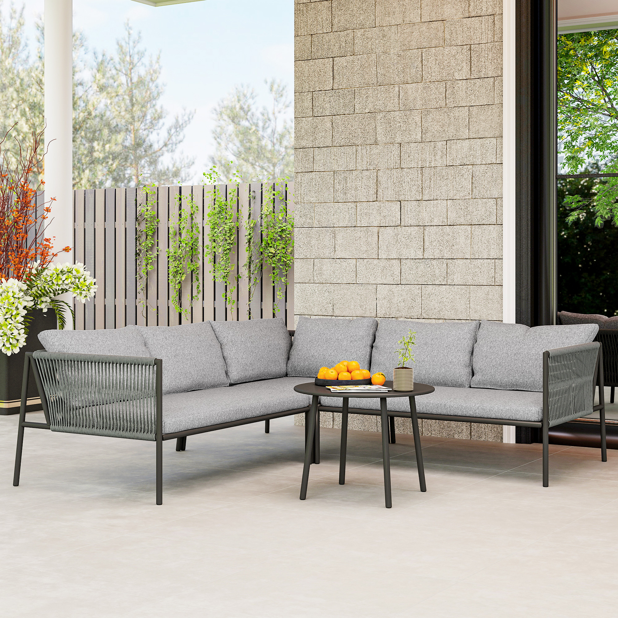 Outsunny Tuinmeubelset Rattan Loungeset met Hoekbank, Tafel en Kussens voor 6 Personen Donkergrijs