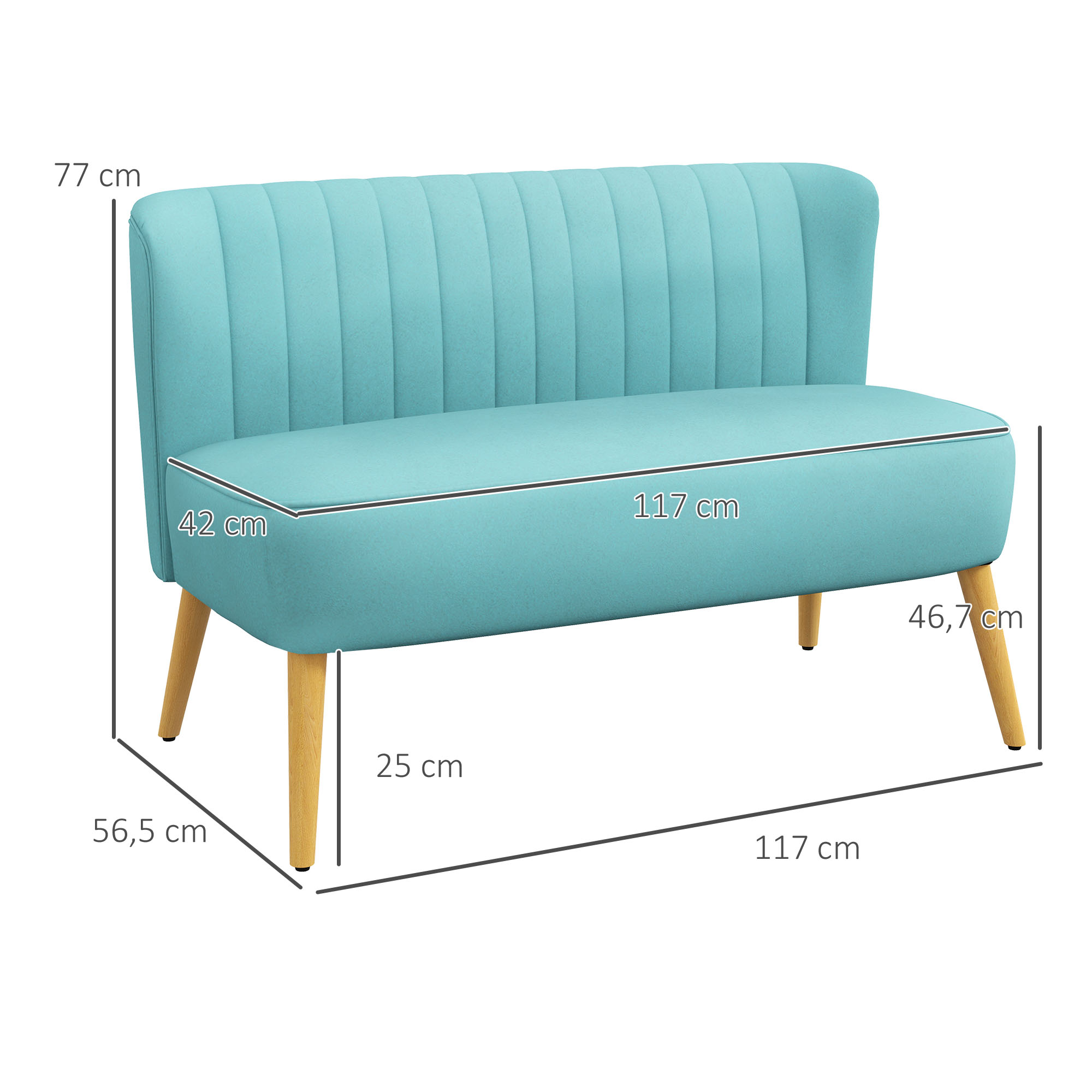 HOMCOM Sofa Retrodesign 2-zitsbank, houten poten, 117 cm x 56,5 cm x 77 cm, Groente