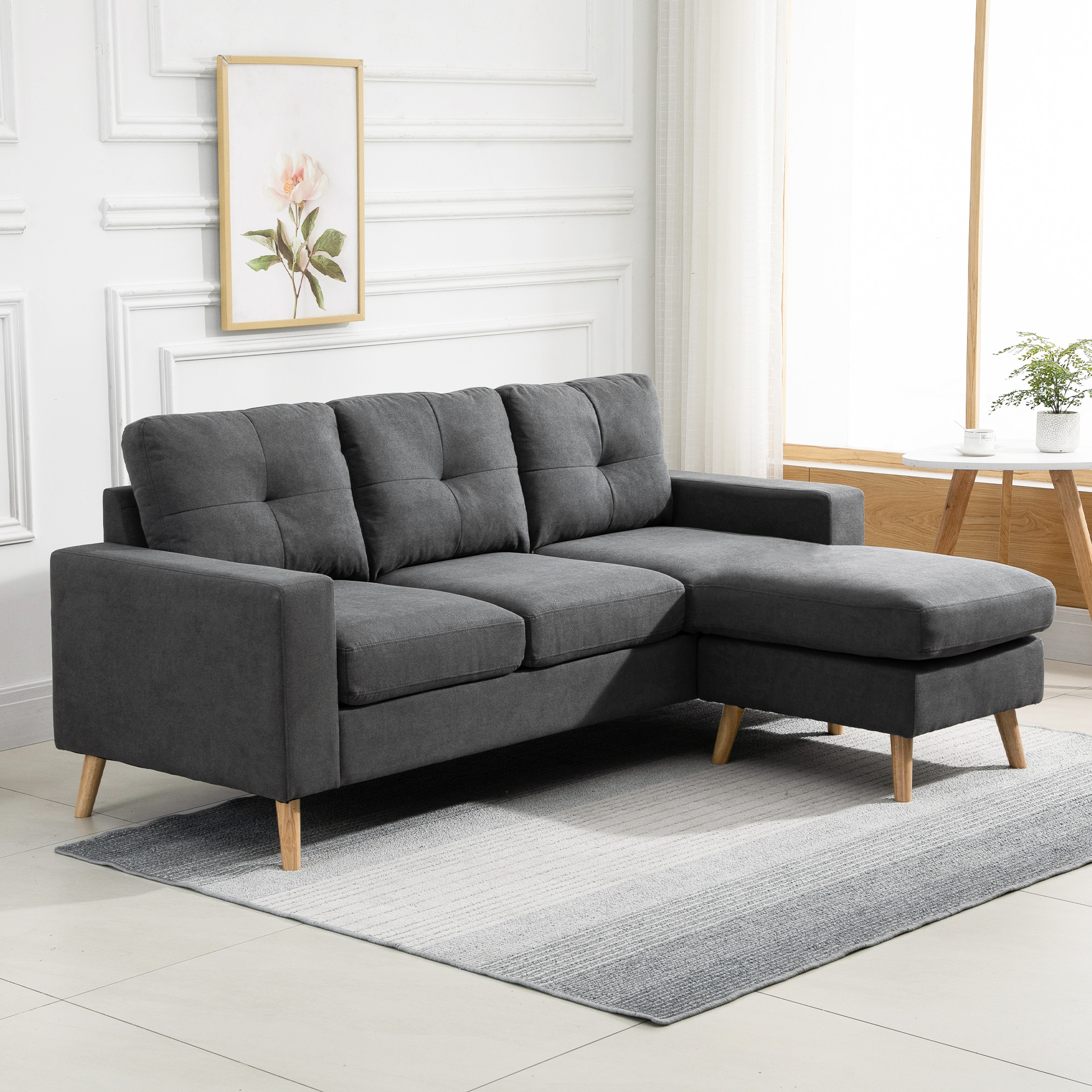 HOMCOM Hoekbank in Scandinavisch design, met knoopdetail, massief hout, linnenlook, Grijs