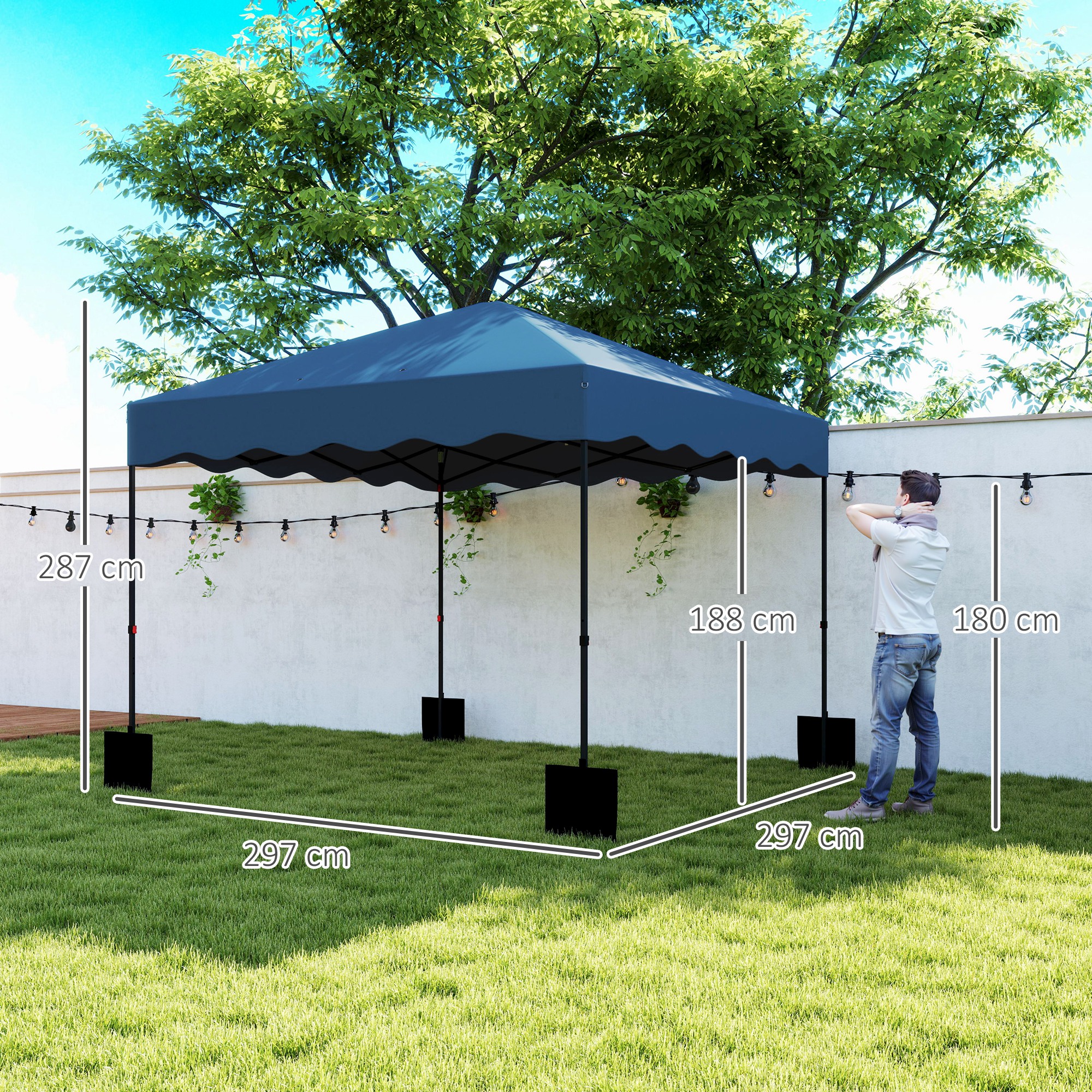 Outsunny 3 x 3 m Pop-up Paviljoen, Hoogteaanpasbaar Tuinpaviljoen, met RolTas, voor Tuin, Terras, Metaal, Stof, Donkerblauw