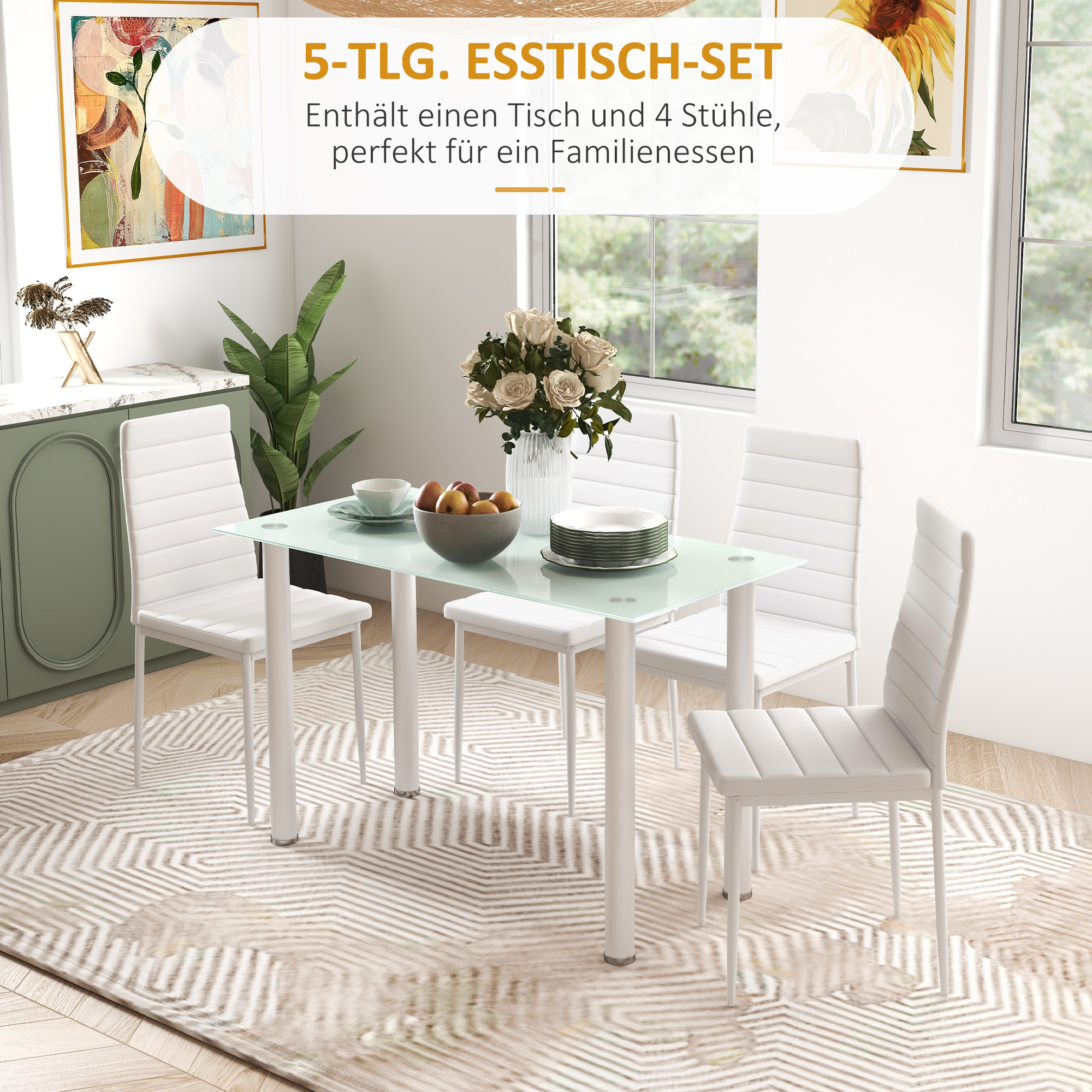HOMCOM 5-delige Eetkamerset met Eettafel en 4 Stoelen, Modern Design, Glazen Tafel, Wit