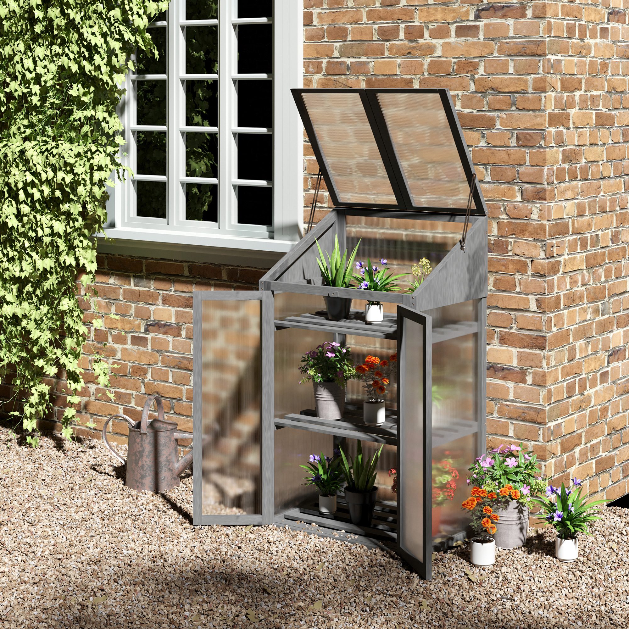 Outsunny Mini-Kas, Kleine Kas met Houten Frame, Ramen en Dubbele Deur, 3 Planken, 70L x 50B x 120H cm, Grijs