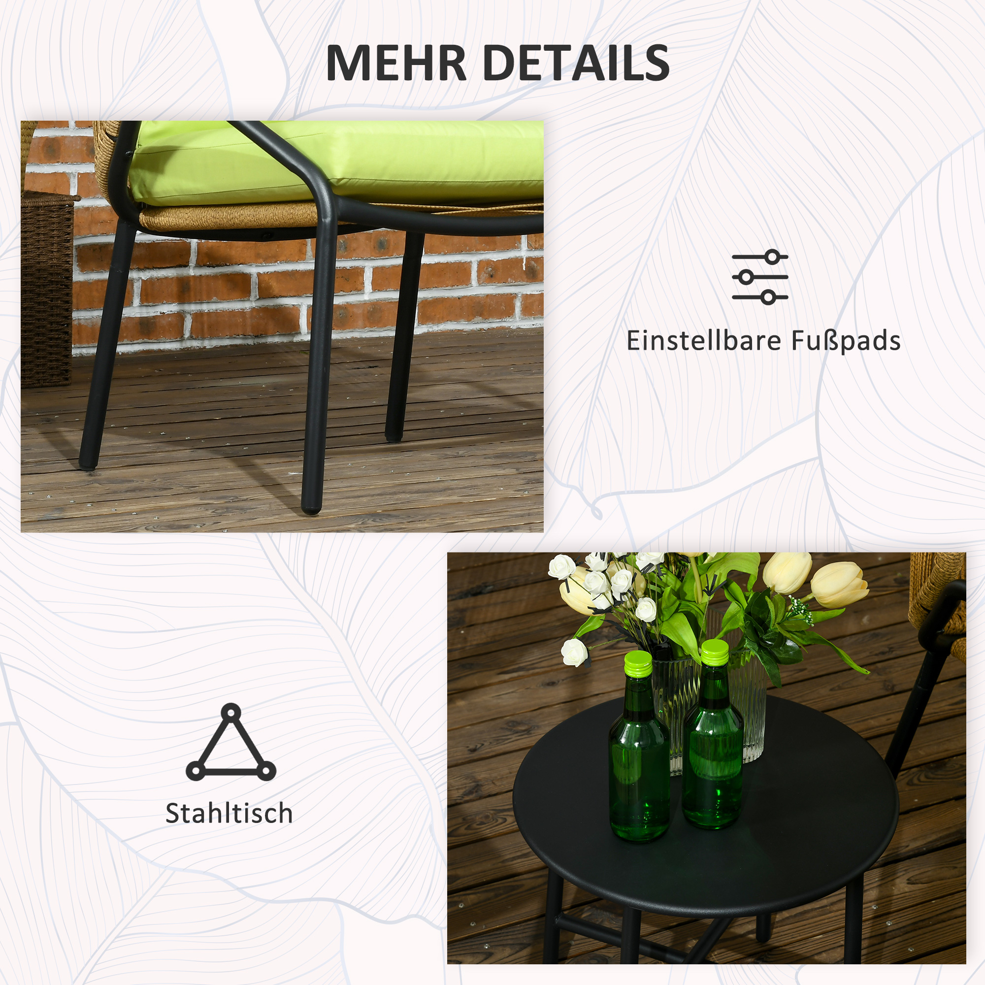 Outsunny Rattan Terrasmeubelset, 3-delig, zit- en rugkussens, kunstrattan, metalen frame, groen