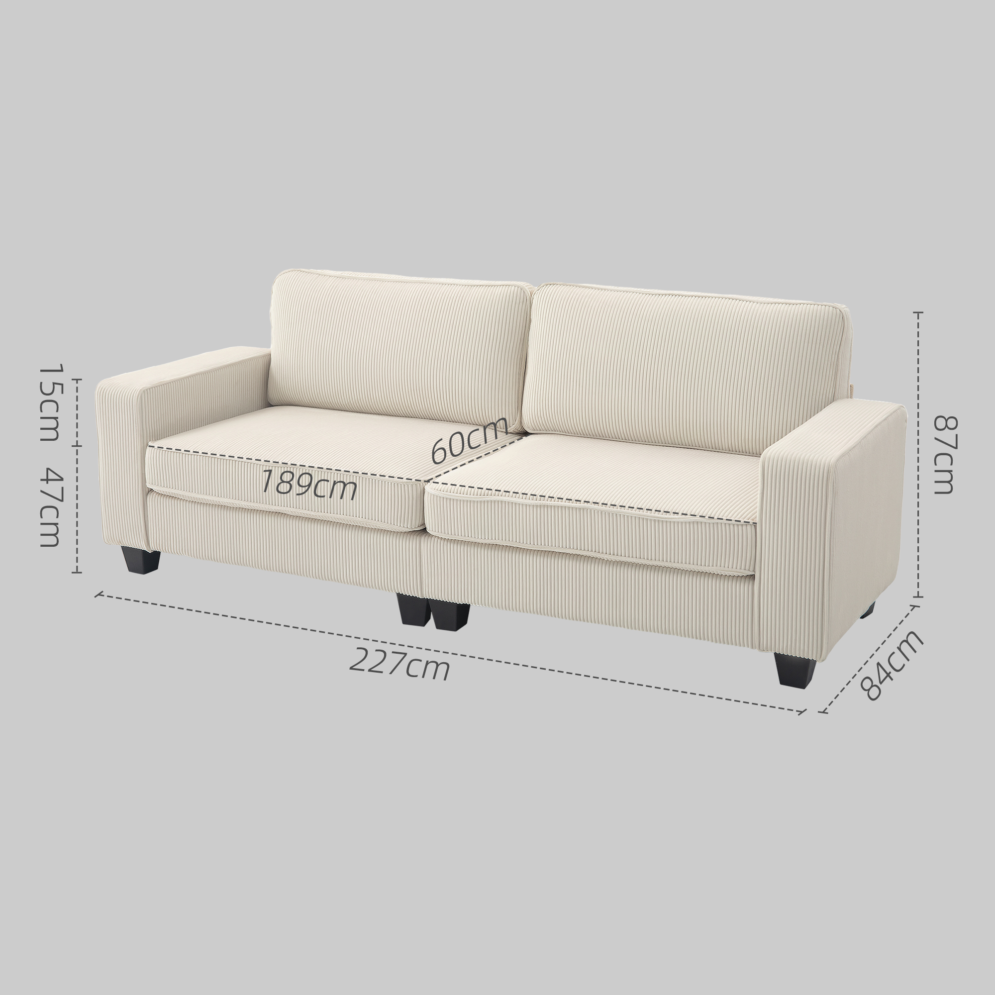 HOMCOM 3-Zitsbank met Corduroy Bekleding, Woonkamerbank met Pocketvering, tot 400 kg, 227 x 84 x 87 cm, Crèmewit