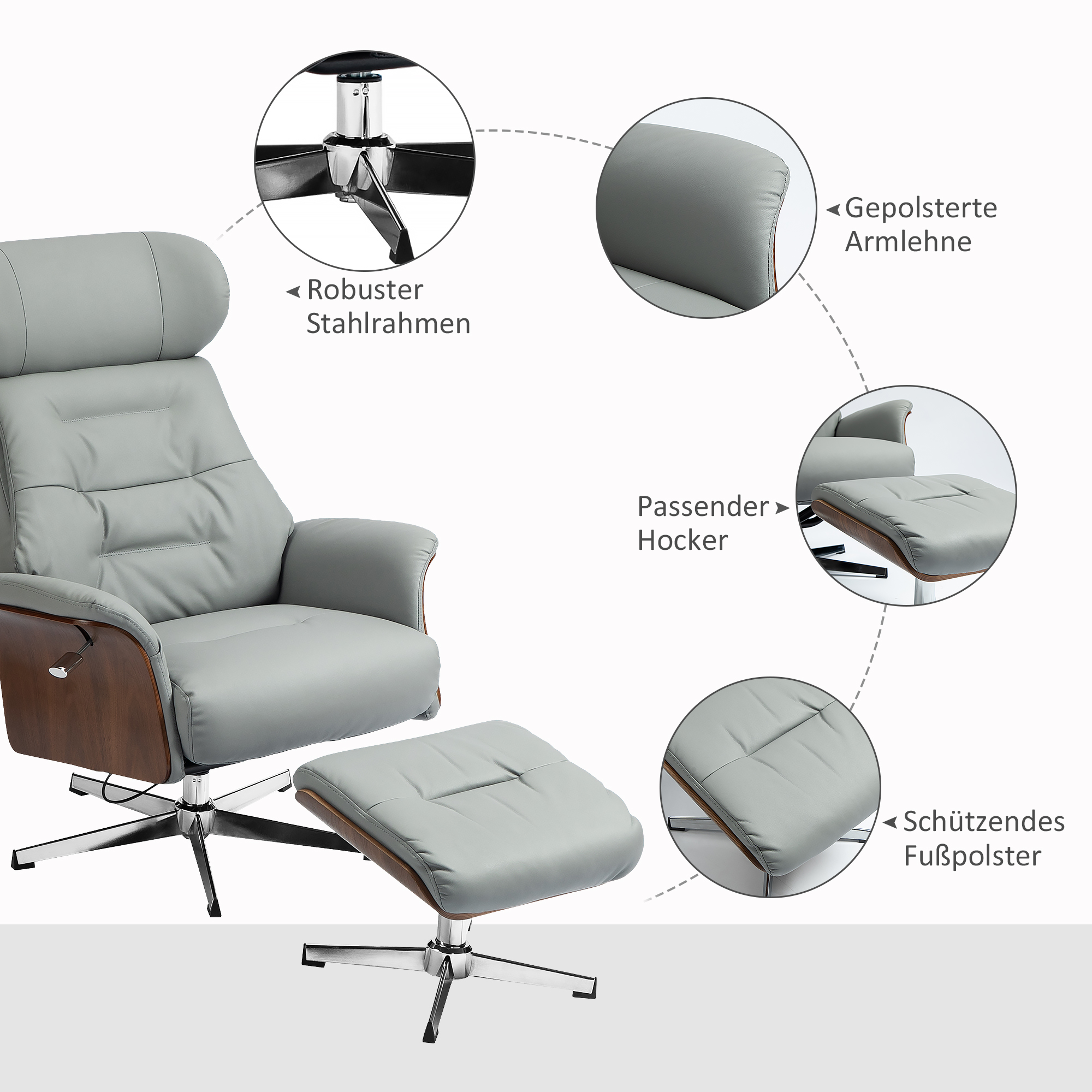 HOMCOM Relaxstoel met Hoker, Ligfunctie, Draaibaar, Lederoptiek, tot 150 kg, Lichtgrijs