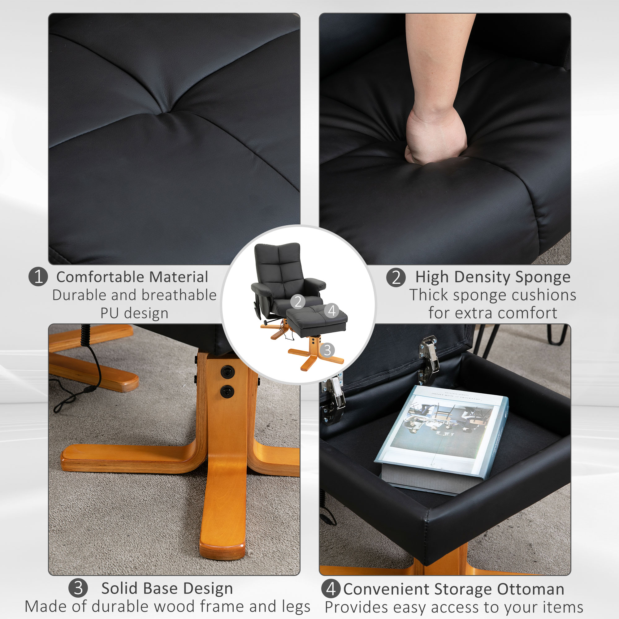 HOMCOM massagestoel met voetenbank relaxstoel kantelbaar tot 145° kunstleer zwart 80 x 86 x 99 cm