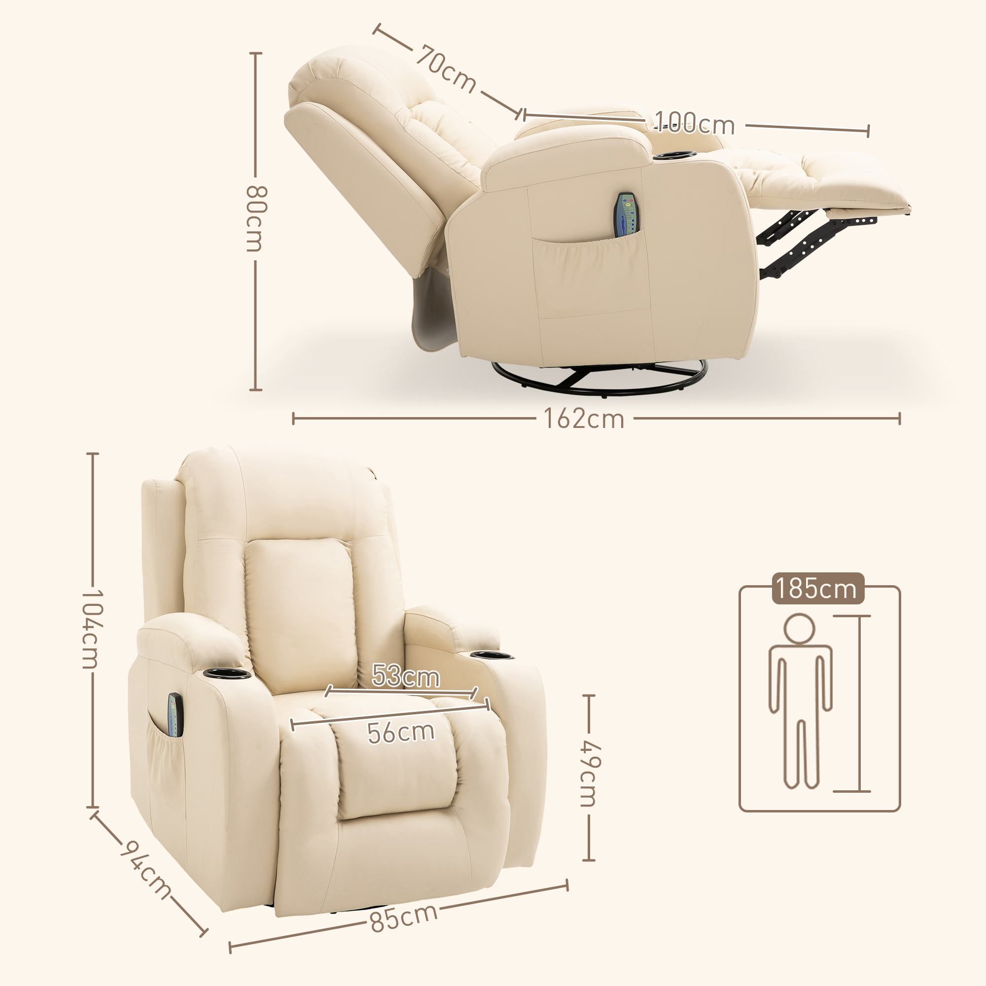 HOMCOM Massagestoel, relaxstoel, schommelfunctie, 8 vibratiepunten, inclusief afstandsbediening, zwart, crème