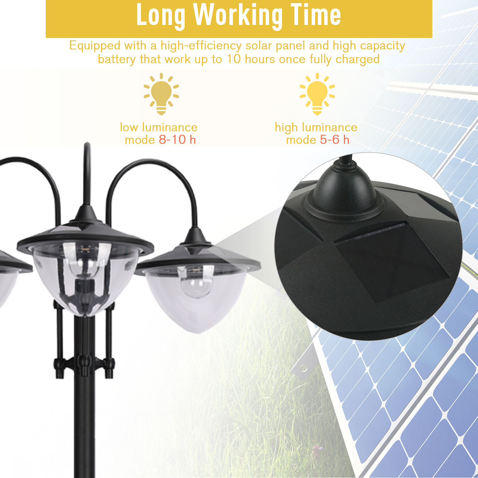 Outsunny Tuinlicht Zonnelamp 60x55x189cm, Energiebesparings Buitenverlichting, Waterproof Bloempotvoet, zwart