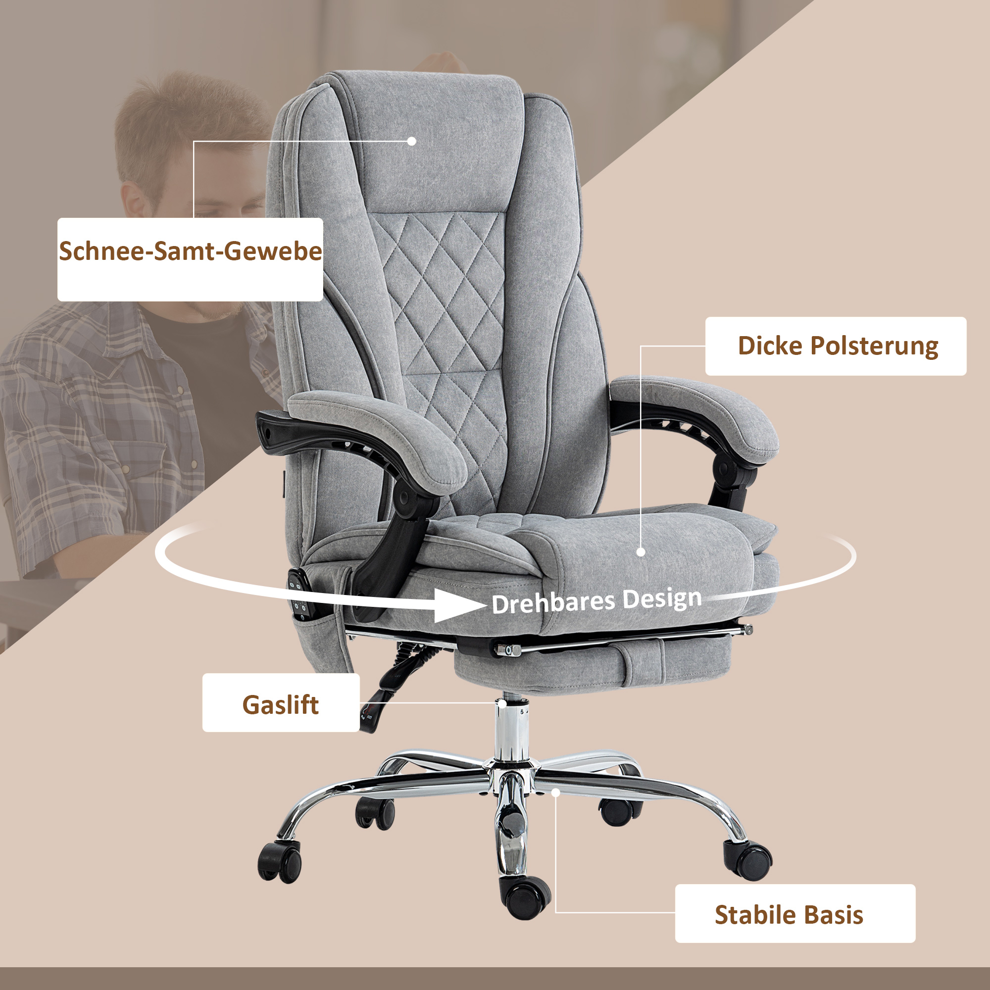 Vinsetto Ergonomische Bureaustoel met Massagefunctie, Voetsteun, Draaibaar, Verrijdbaar, Grijs