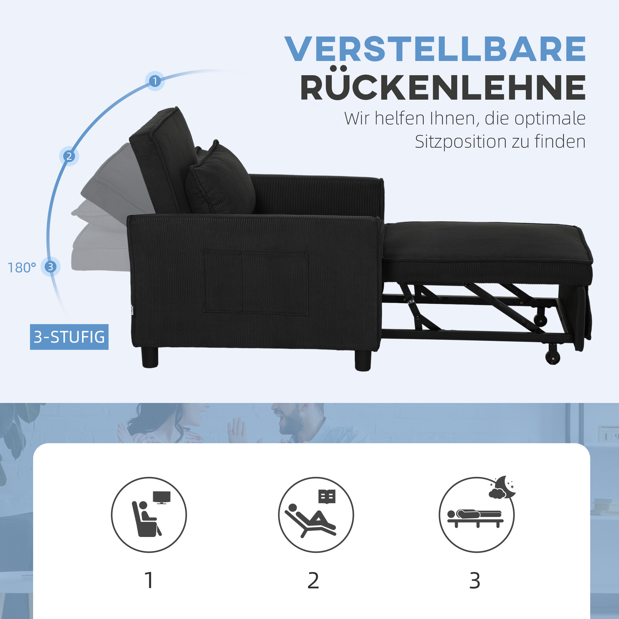 HOMCOM Slaapfauteuil, 3 standen verstelbare, Corduroy bekleding, tot 120 kg, Zwart