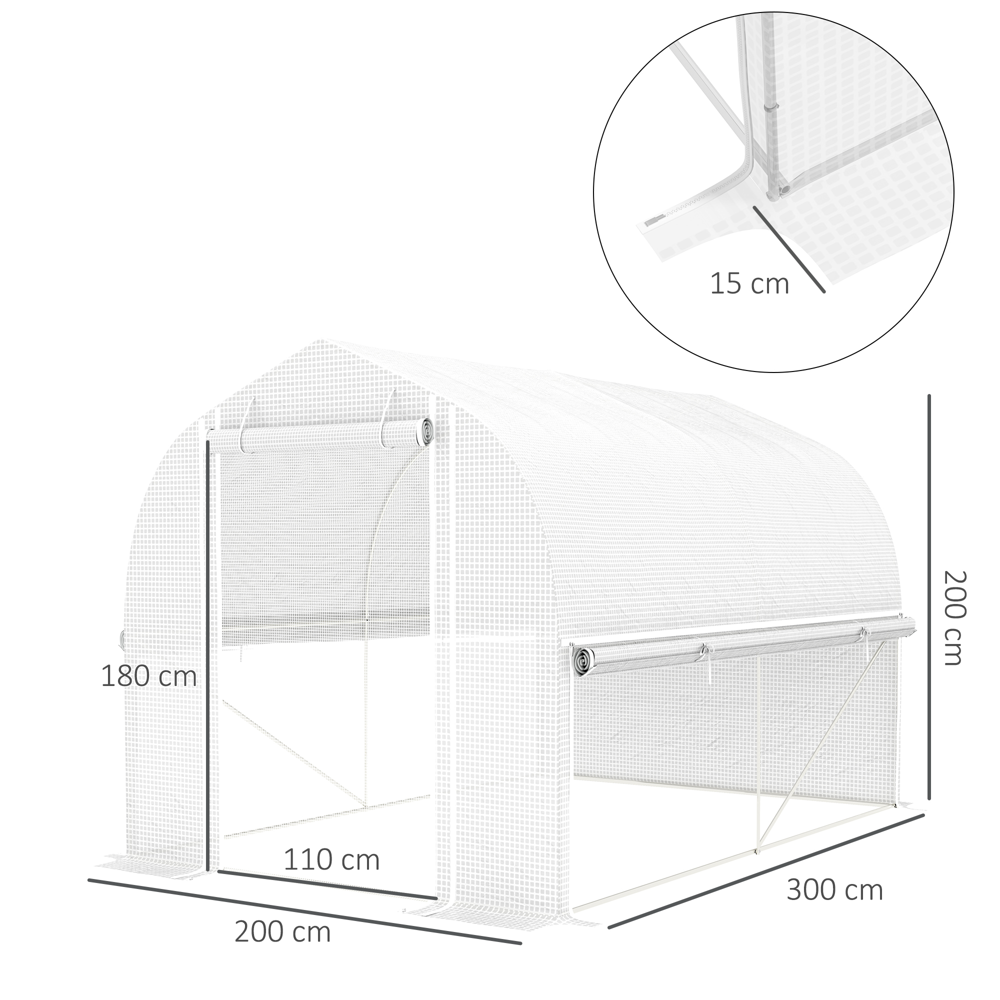 Outsunny 3 x 2 x 2 m Polytunnel-Kas met Oprolbare Zijwanden, UV-resistente Kunststoffolie en Stalen Frame, Wit