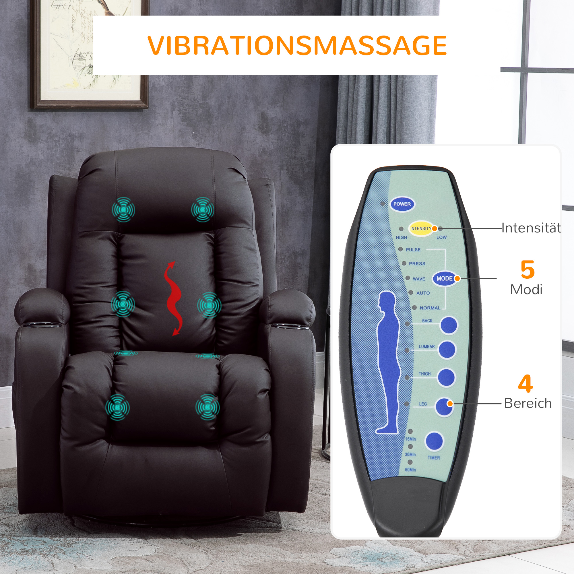HOMCOM Massagestoel, relaxstoel, schommelfunctie, 8 vibratiepunten, inclusief afstandsbediening, Koffiebruin