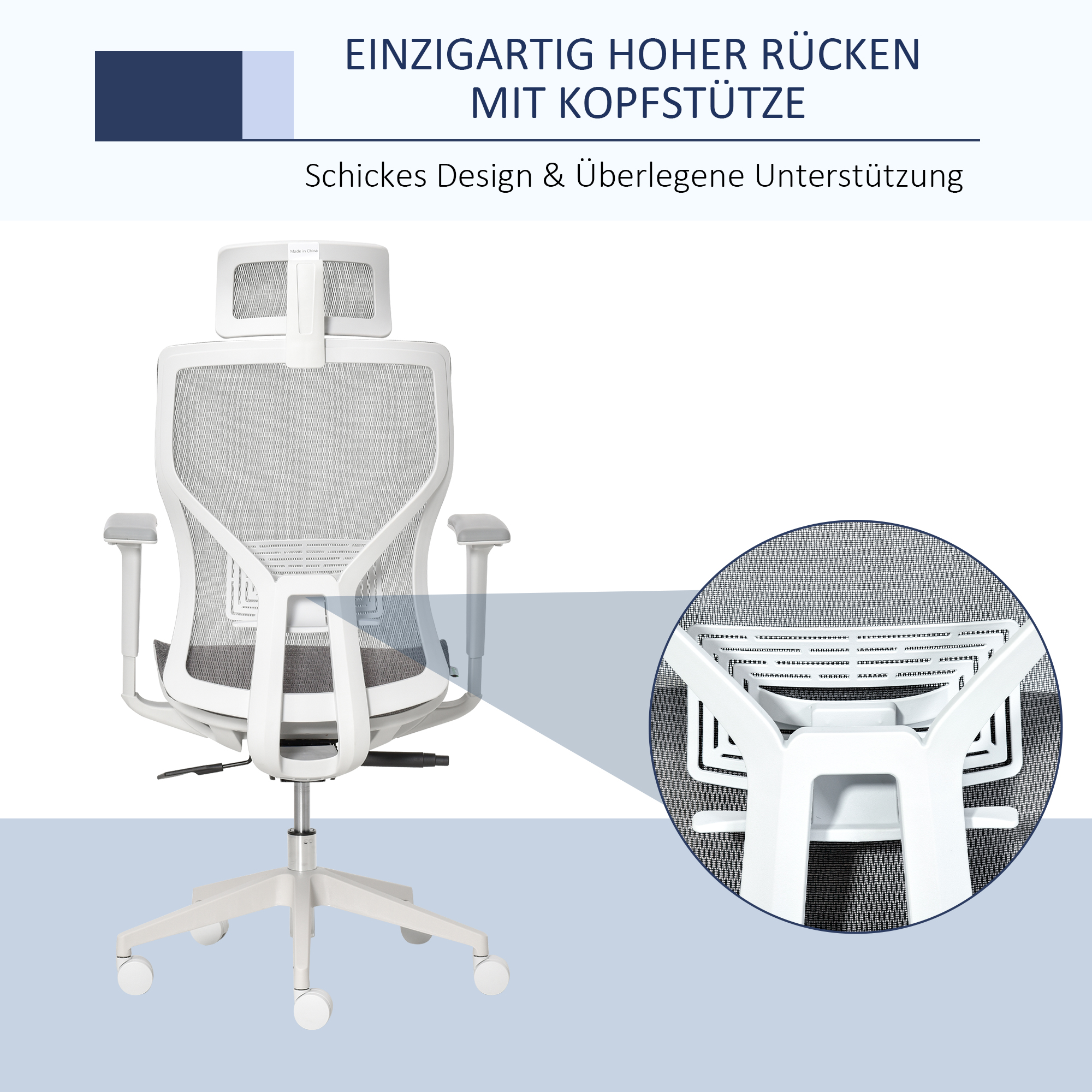 Vinsetto bureaustoel bureaustoel draaistoel gamestoel met hoofdsteun lendenkussen 3D-armleuning 3 niveaus 360 ° zwenkbare wielen, in hoogte verstelbaar ergonomische netstof schuimgrijs 67 x 65 x 120-128 cm