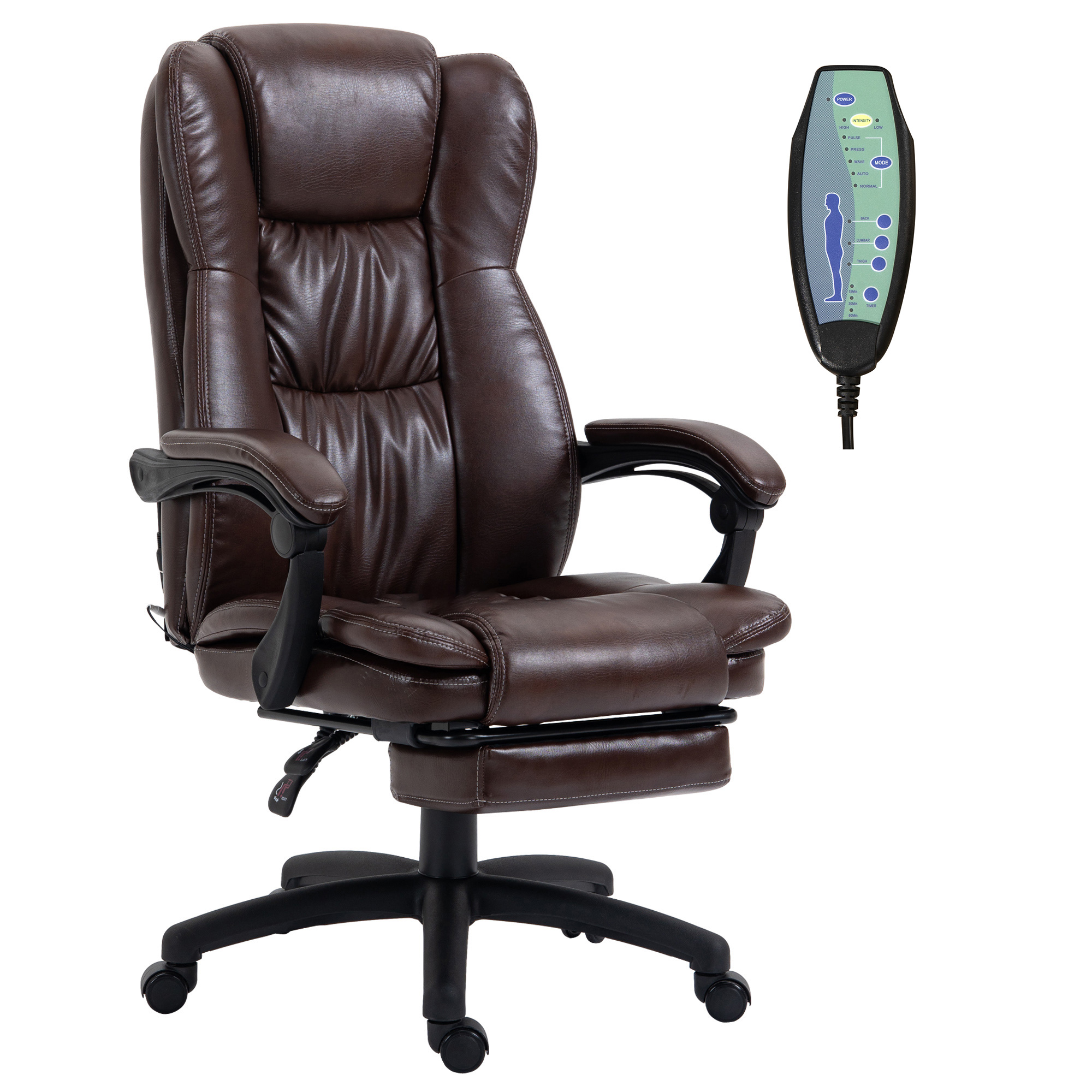 Vinsetto bureaustoel stoel directiestoel draaibare stoel met massagefunctie ligfunctie kunstleer schuimstof PP kunststof nylon bruin 68,5 x 68,5 x 119-127 cm