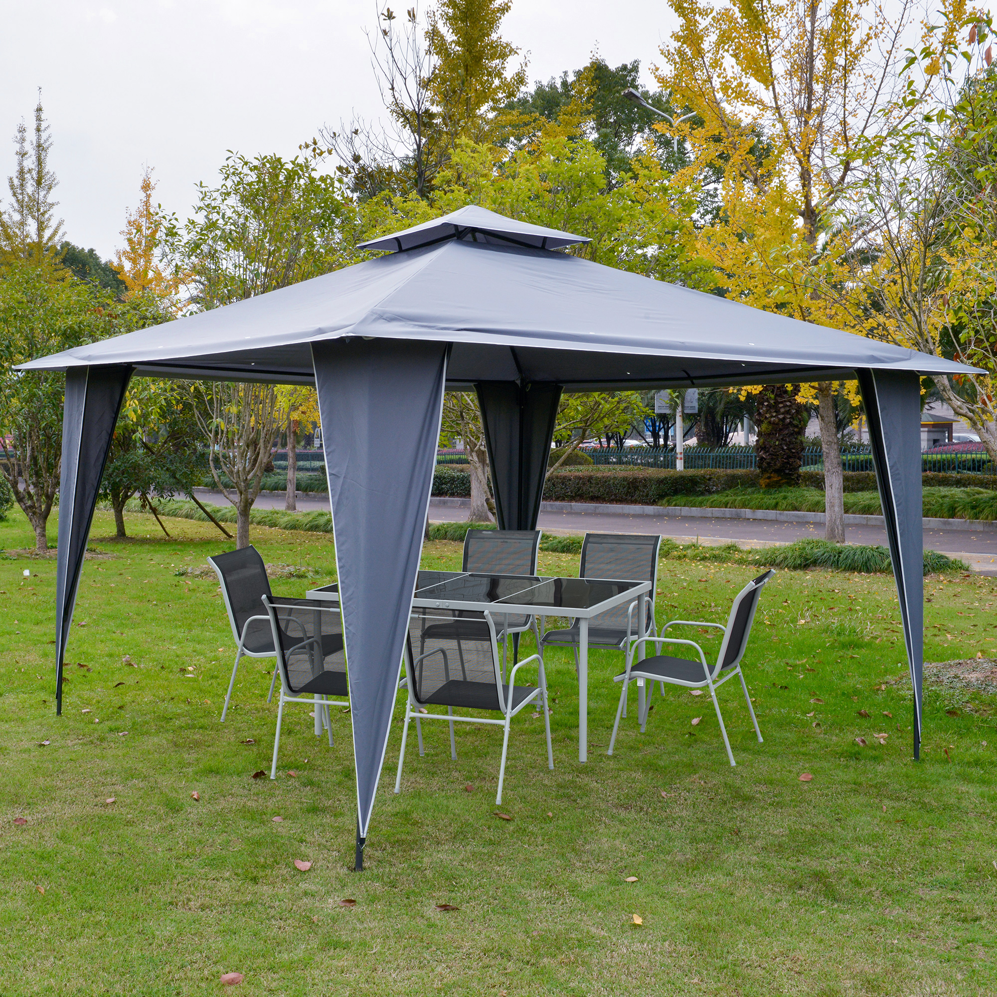 Outsunny dubbel dak tuinhuisje, metalen frame, grijs, 3,5 x 3,5 x 2,7 m