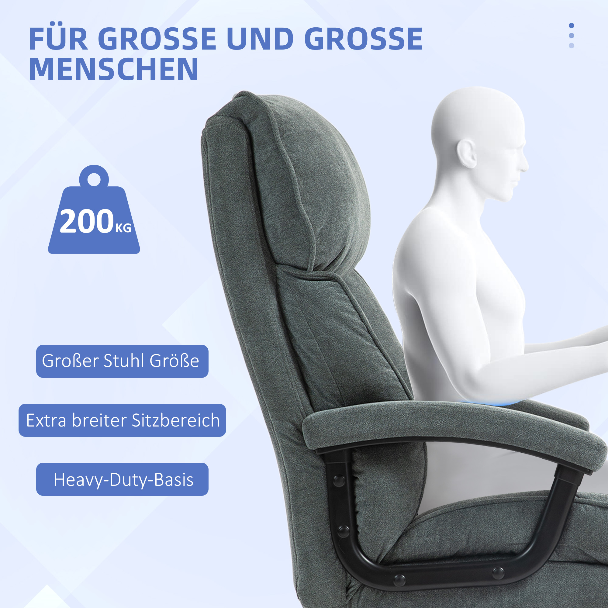 HOMCOM Grote Hoge Bureaustoel, 200 kg Draagcapaciteit, Robuuste Constructie, Zacht Bekleed, Grijs