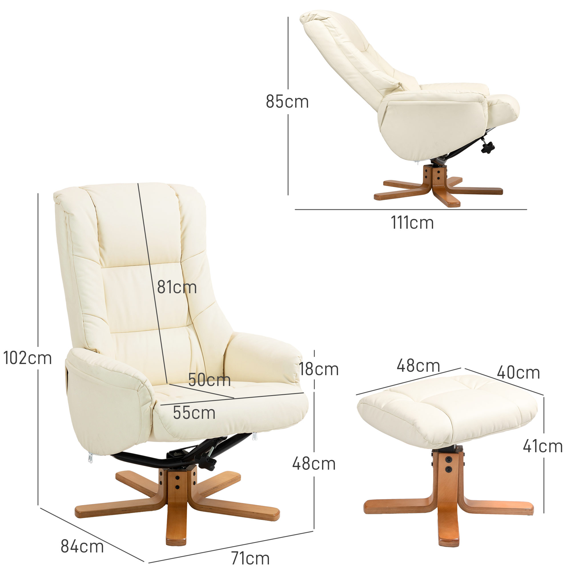 HOMCOM Relaxfauteuil met Voetenbankje, Ligfunctie, Kunstleder Bekleding, tot 150 kg, 71 x 84 x 102 cm, Crèmewit