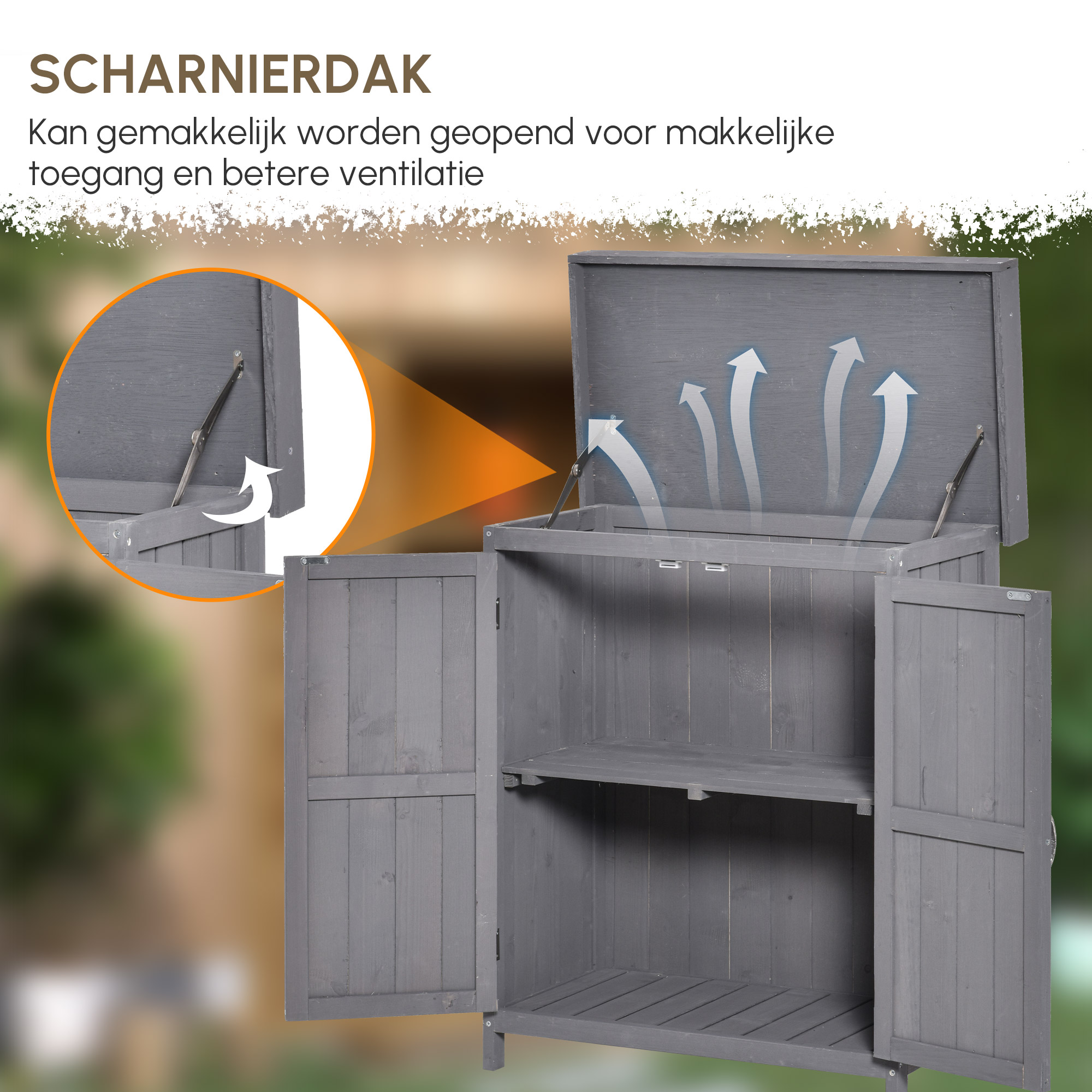 Outsunny Apparatuurkast, dubbele deur, klapdeksel, 2 planken, weerbestendig, natuurlijk hout, grijs, 74 x 43 x 88 cm