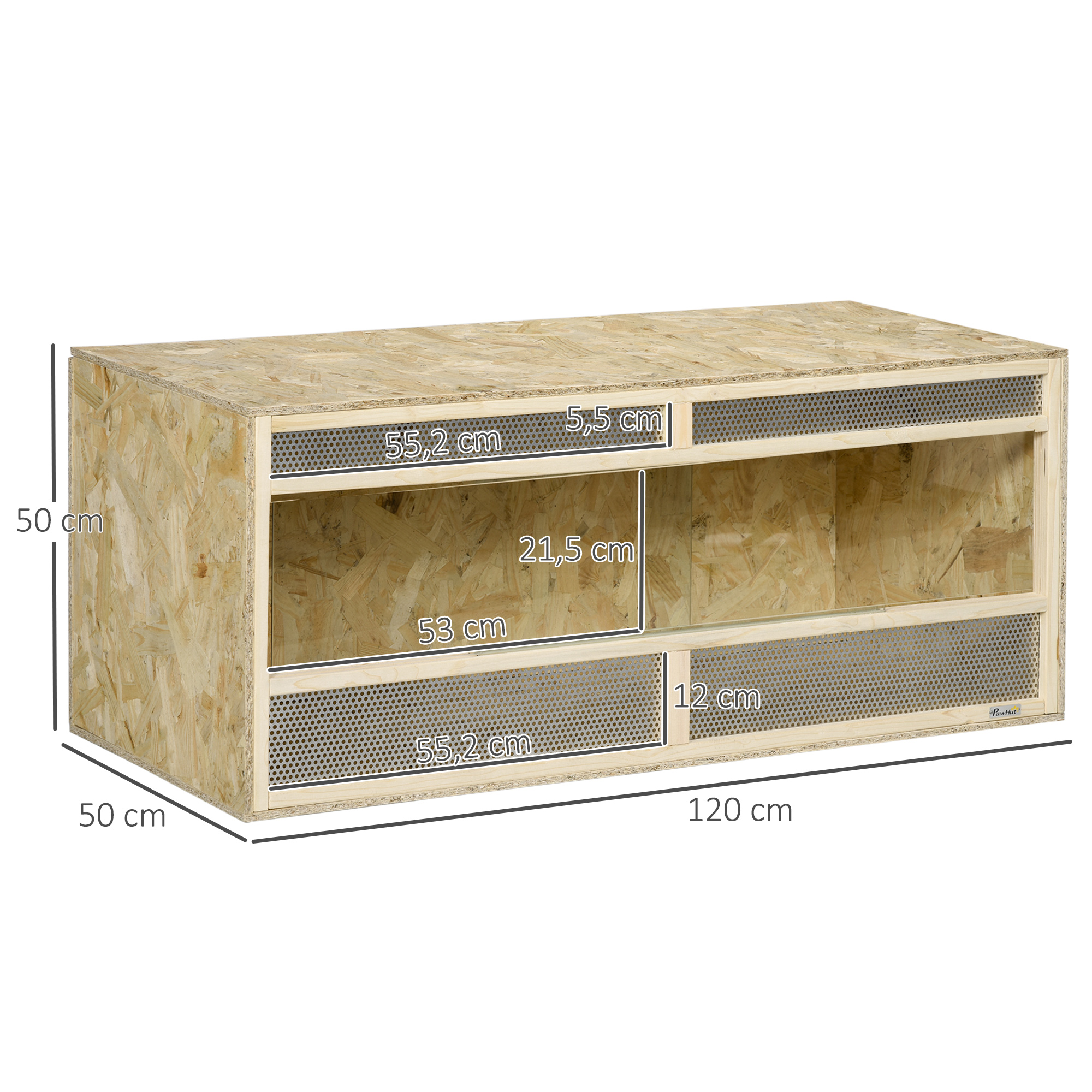 PawHut Terrarium voor Reptielen/Amfibieën, met Glazen Schuifdeuren, Ventilatiegrill, 120x50x50cm