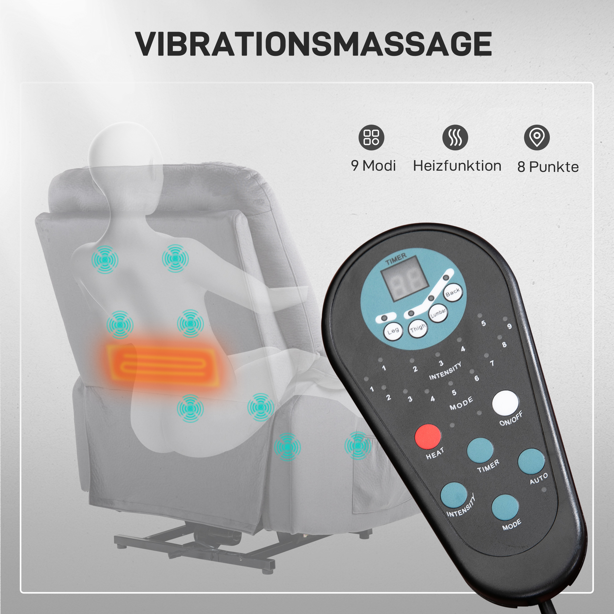 HOMCOM Relaxfauteuil met Opstaan-hulp, Warmte- en Massagefunctie, Afstandsbediening en Zijvak, Donkergrijs