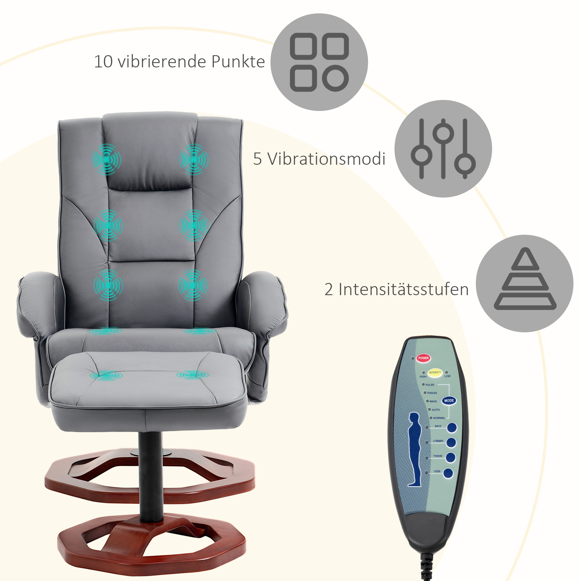 HOMCOM Massagestoel met Voetenbank, Verstelbaar, Afstandsbediening, Draaibaar, Leatherlook, tot 150 kg, Donkergrijs