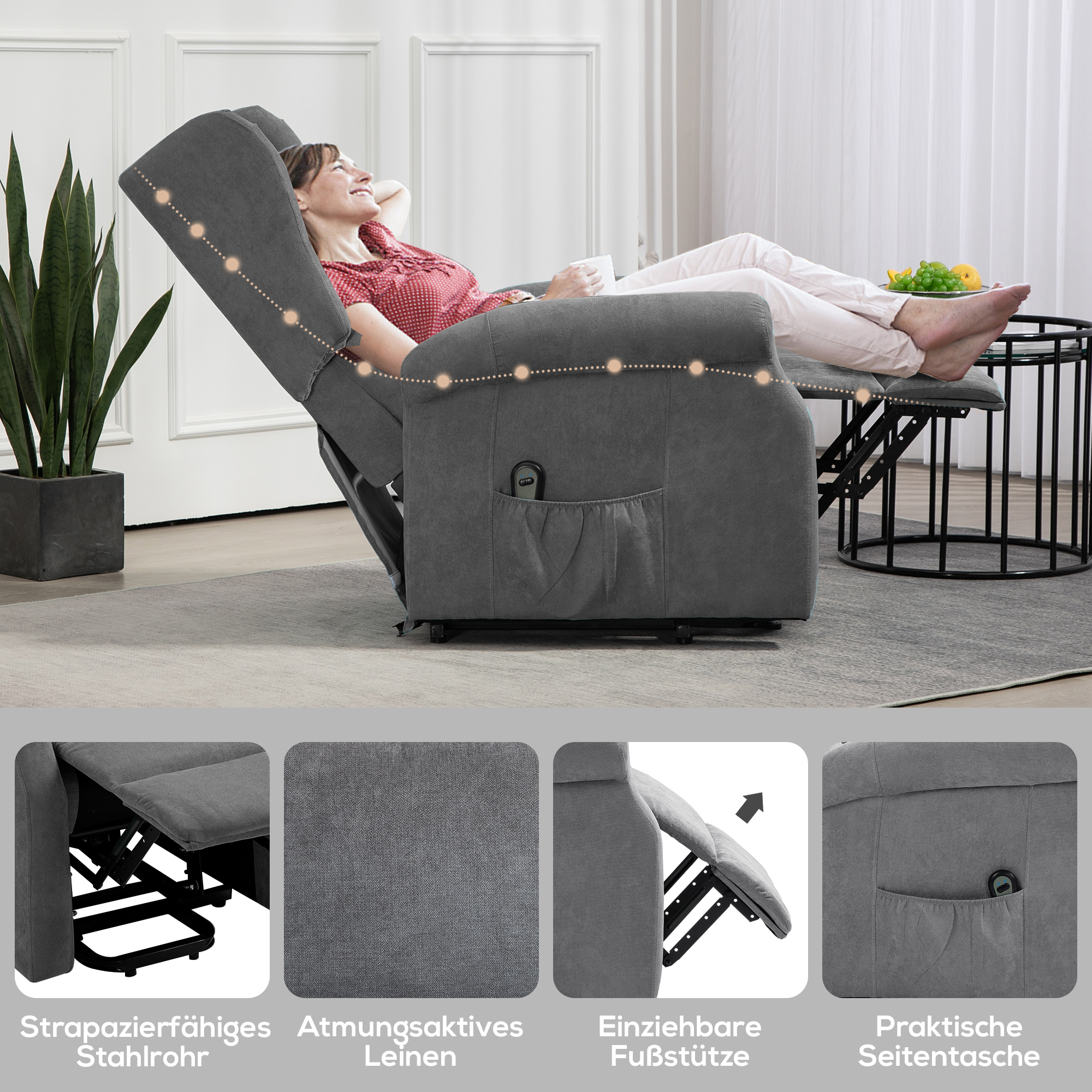 HOMCOM Relaxfauteuil met Opsta-Hulp, Ligfunctie, tot 200kg, 72,5x94x109cm, Donkergrijs