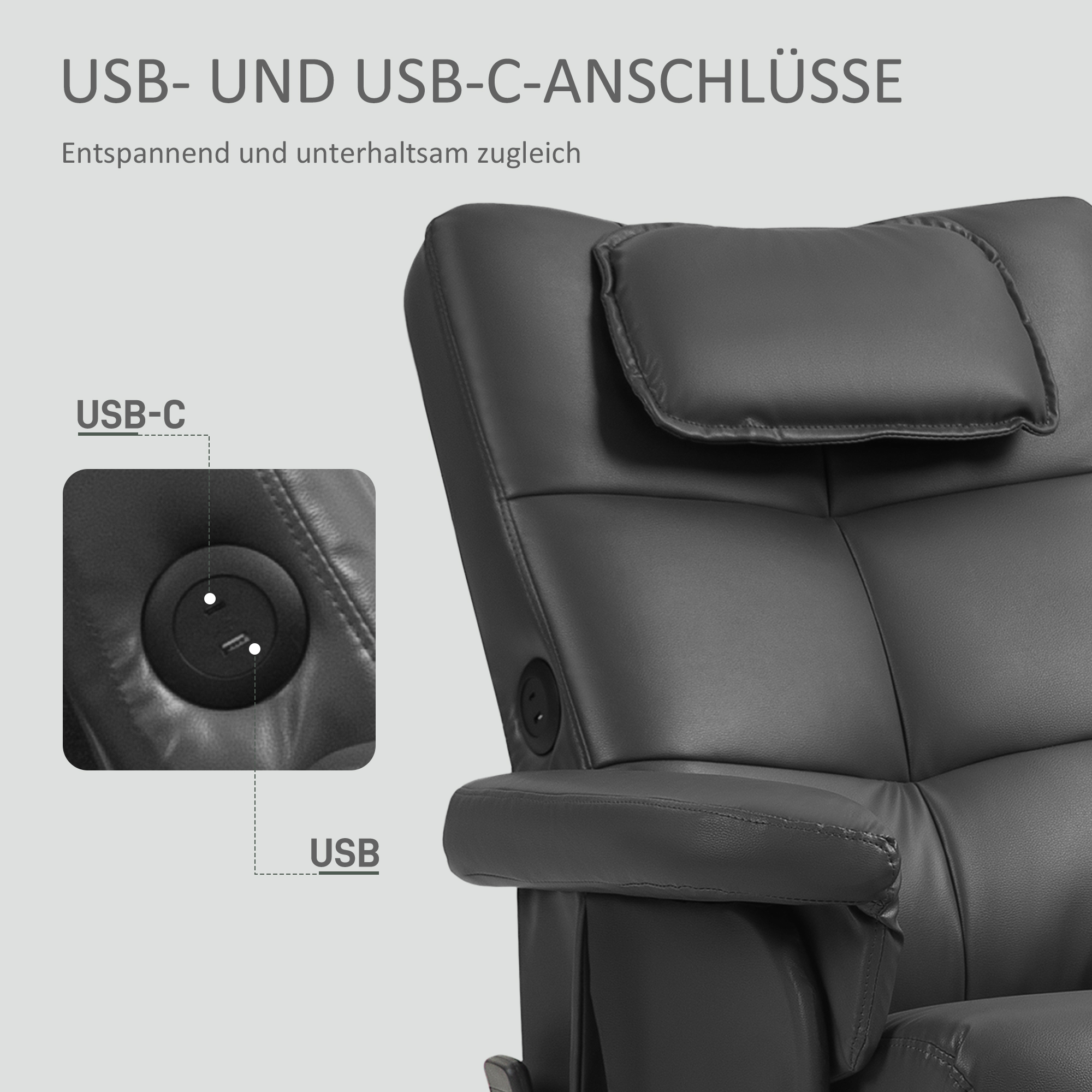 HOMCOM Massagestoel met Kruk, Verstelbare Rugleuning, USB-laadpoort, Lederlook, tot 150 kg, Zwart