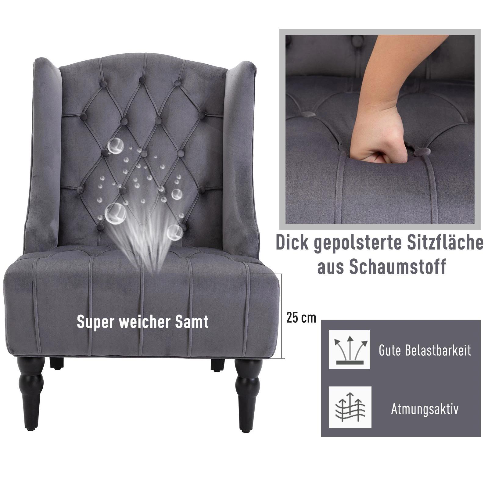 HOMCOM®-vleugelstoel met tufting, Relaxfauteuil, Fluweel, Grijs, 67 x 70,5 x 97 cm