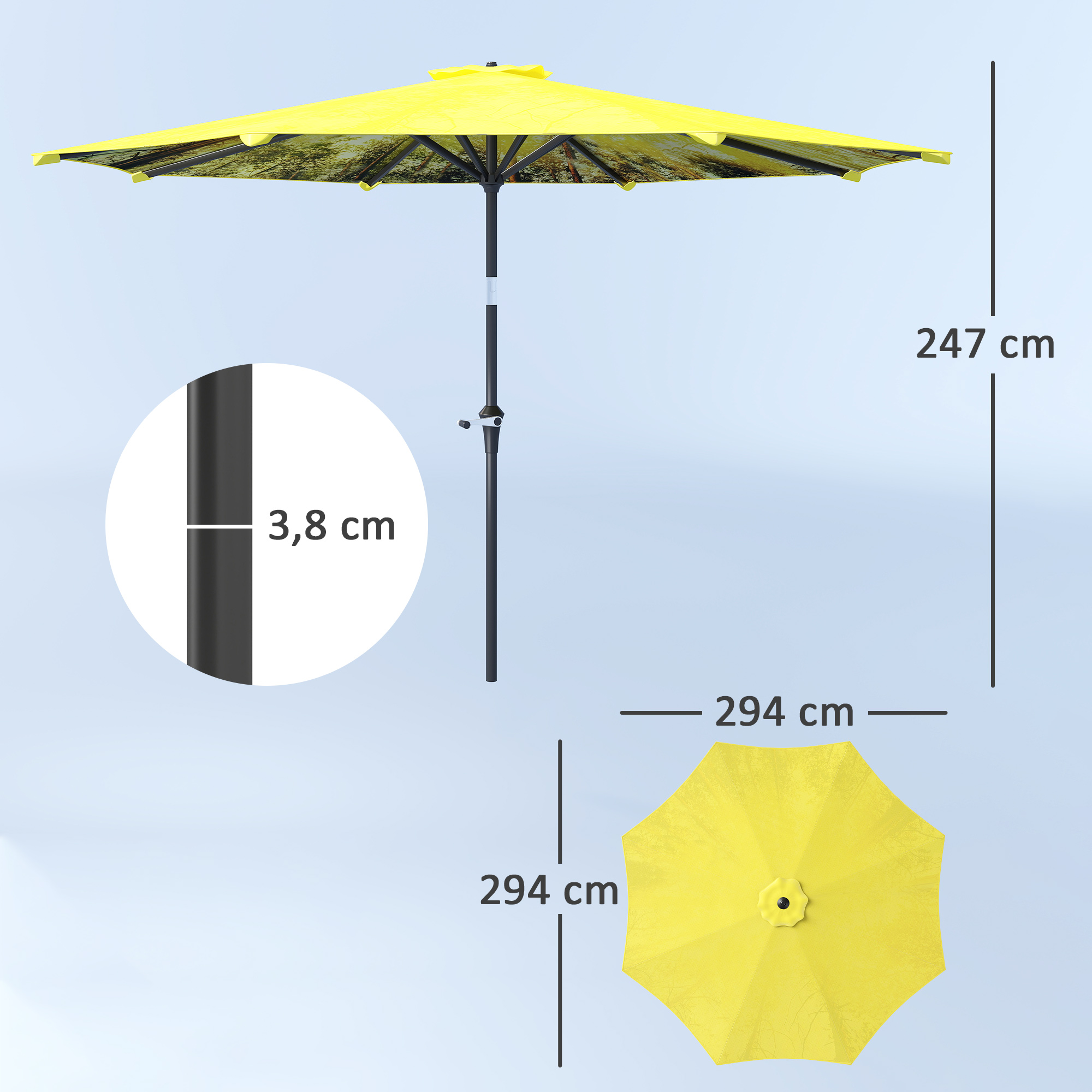 Outsunny Parasol Ø300 cm met Handmolen, Achthoekig, Geel