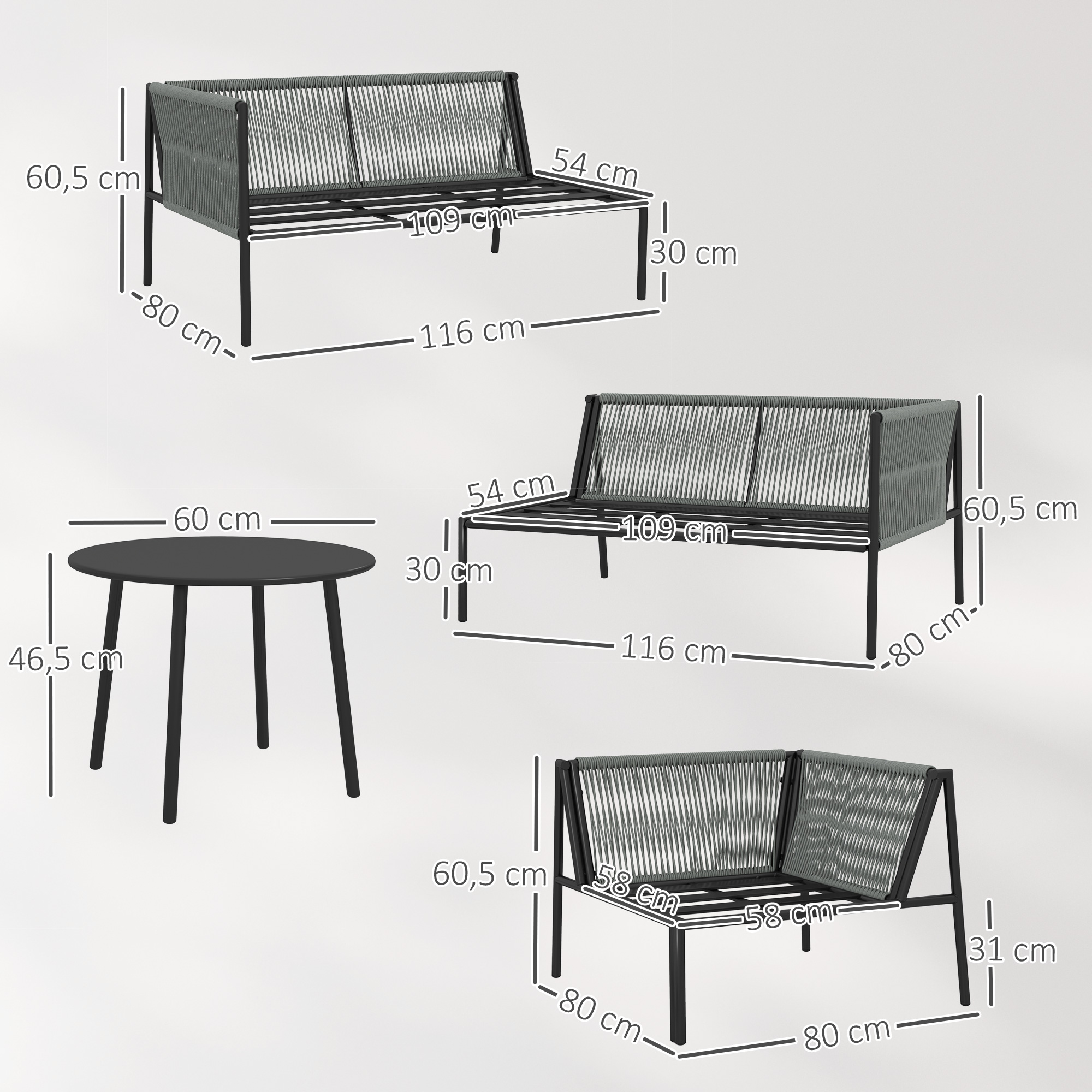 Outsunny Tuinmeubelset Rattan Loungeset met Hoekbank, Tafel en Kussens voor 6 Personen Donkergrijs