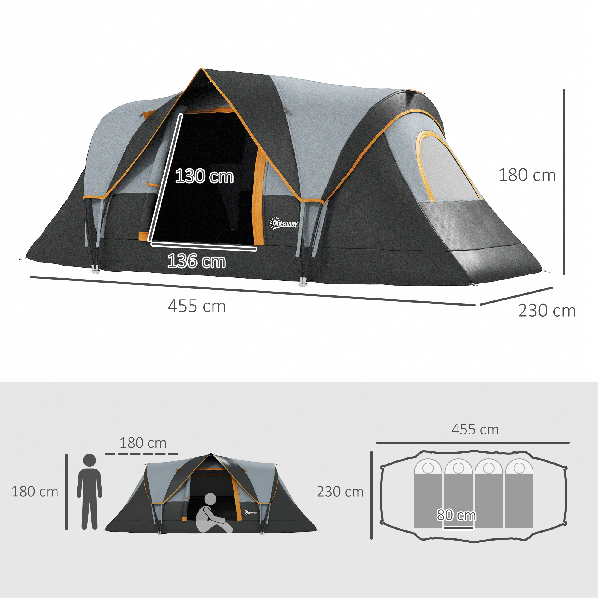 Outsunny Kampeertent voor 5-6 Personen, Familietent, Draagtas, 4,55x2,2x1,8m, Lichtgrijs/Zwart