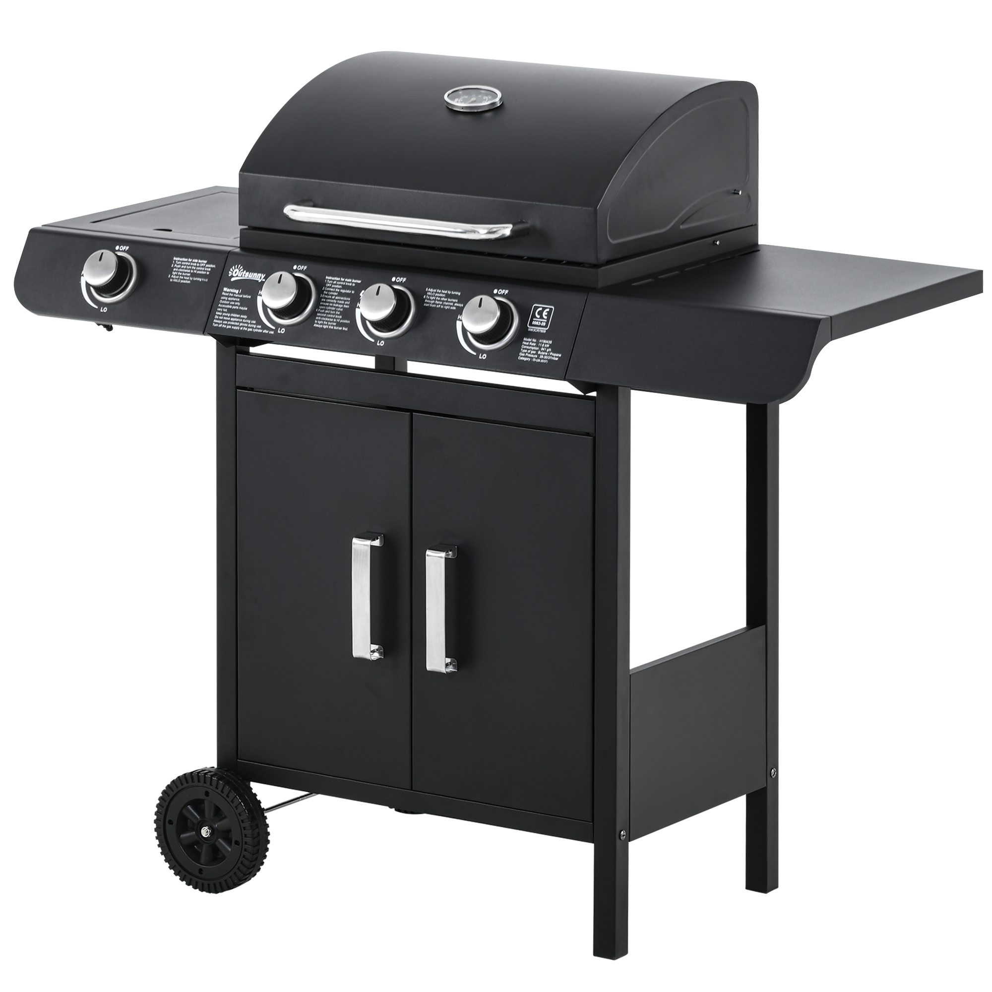 Outsunny gasgrill BBQ met 4 branders metaal zwart 110 x 50 x 100 cm