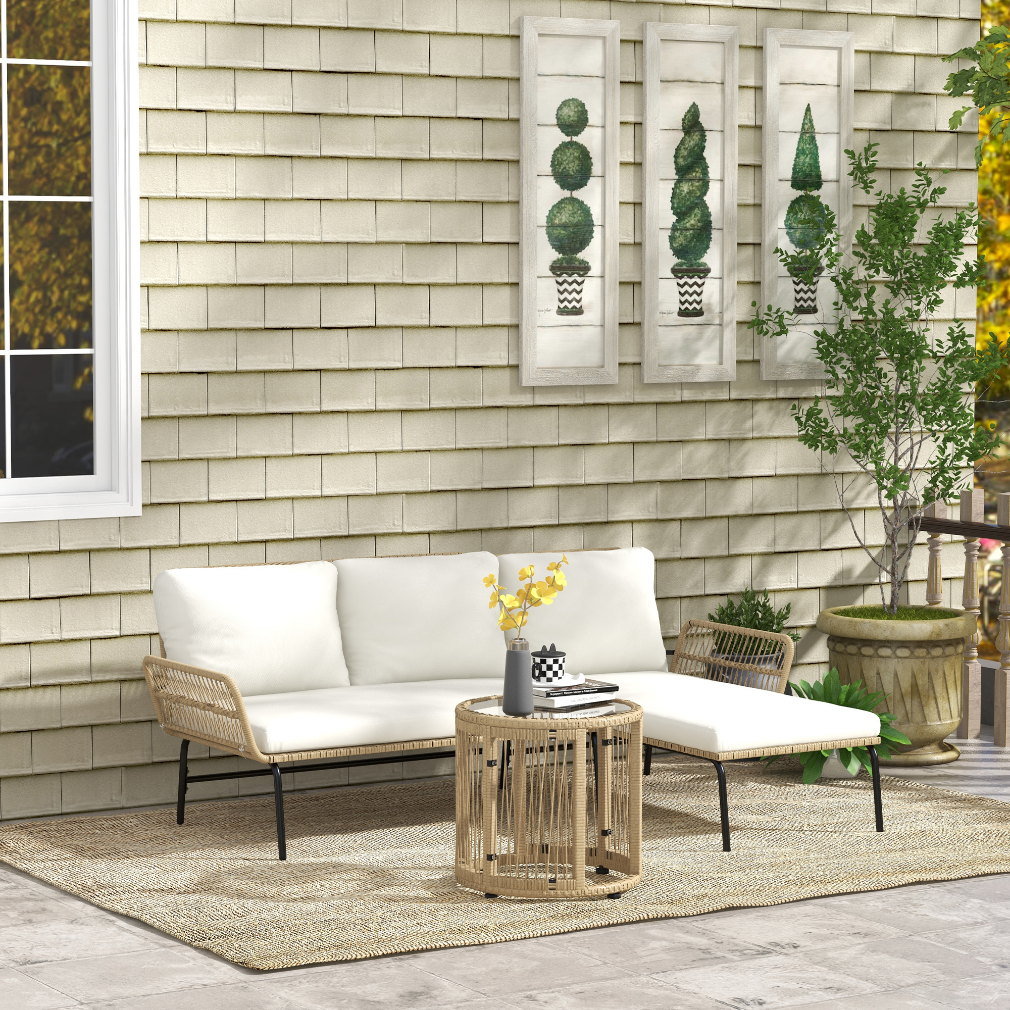 Outsunny Loungeset voor in de tuin, PE rattan, 122 x 79 x 75 cm, Natuur + Crèmewit