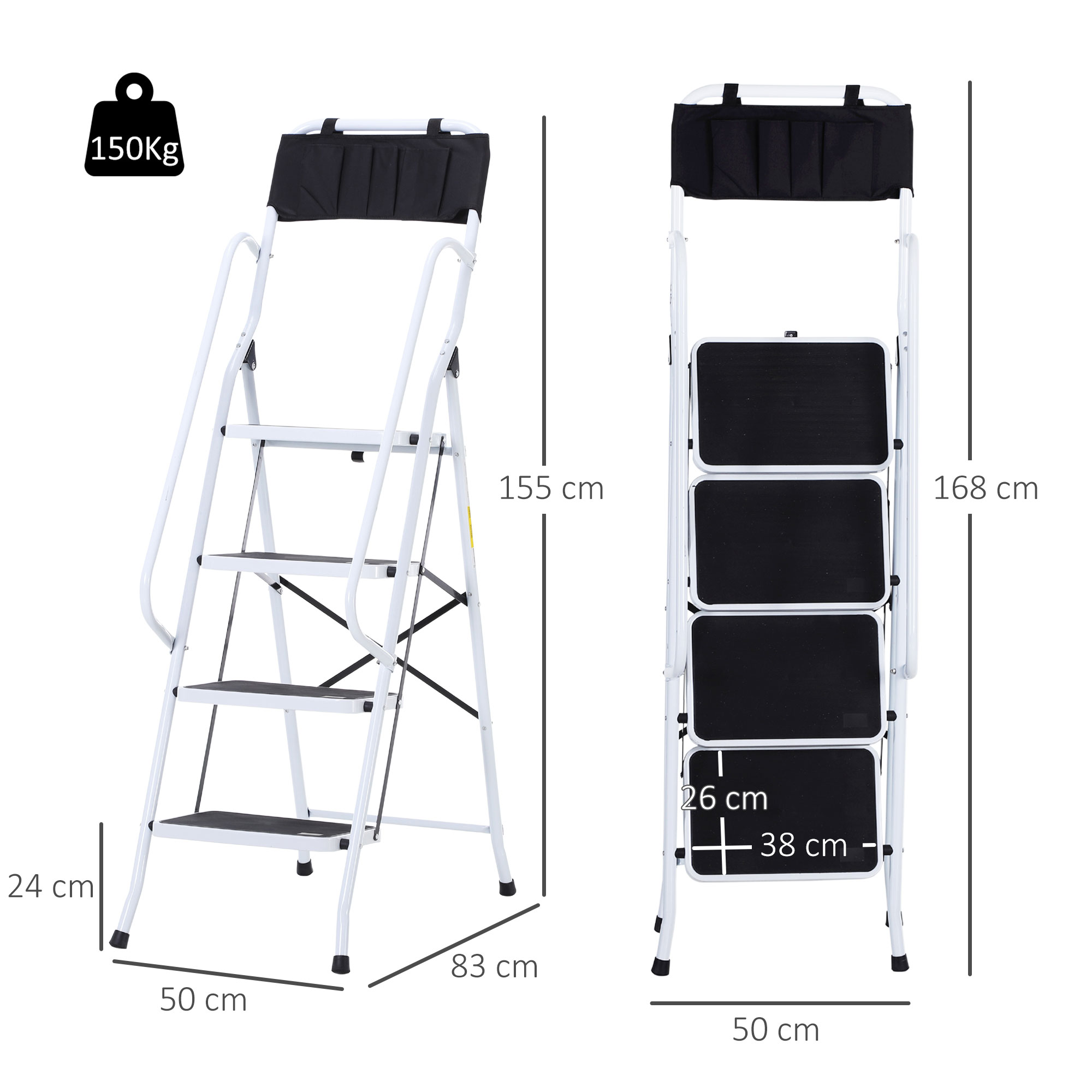 HOMCOM Opvouwbare huishoudtrap met gereedschapshouder, leuning, 50 x 83 x 155 cm, zwart + zilver