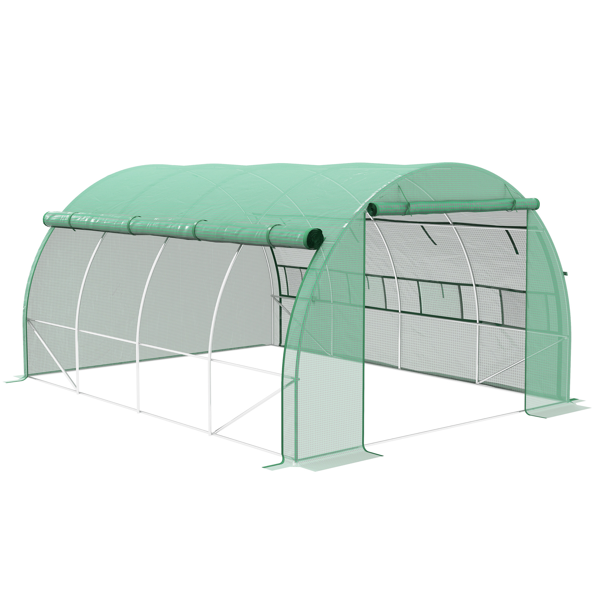 Outsunny Bezoekbare Foliekas, Tuinkas, met Netramen, Metalen Frame, 4x3x2m, Groen