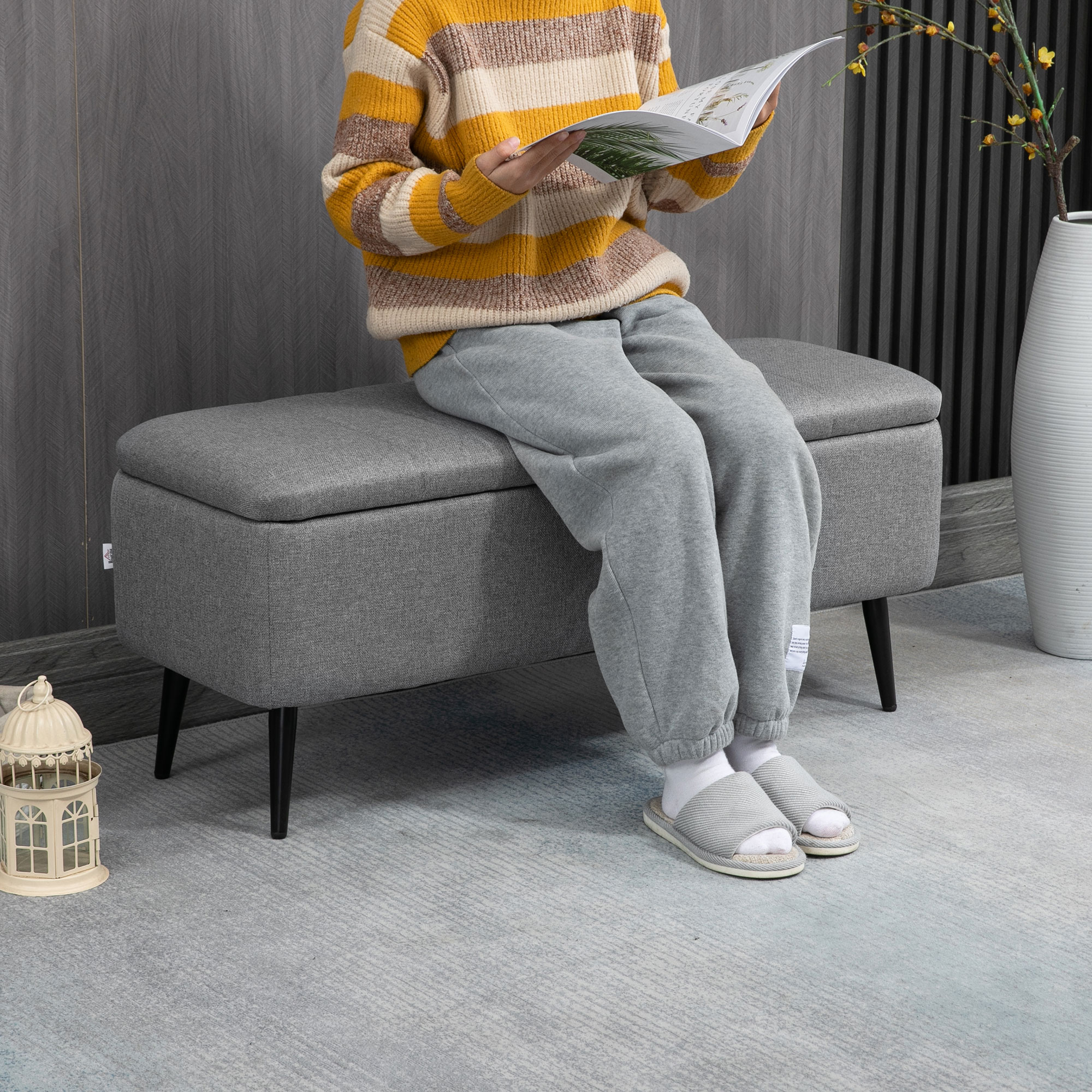 HOMCOM Zitbank met Opbergruimte, Gestoffeerde Bank met Linnenlook, Opbergbank met Stalen Poten 102 x 40 x 44 cm, Grijs