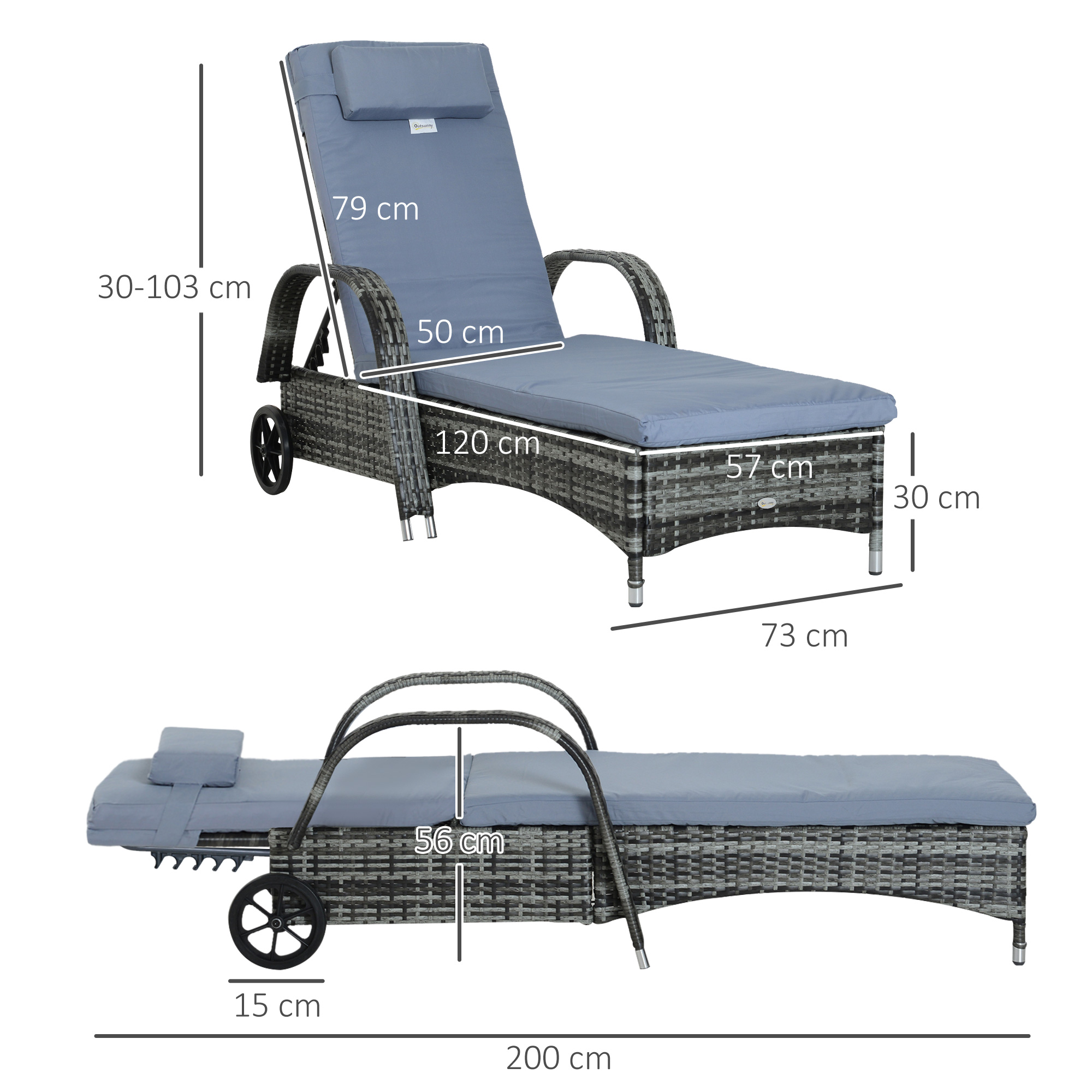 Outsunny poly-rotan ligbank ligstoel rotan ligstoel tuinmeubel mobiel grijs