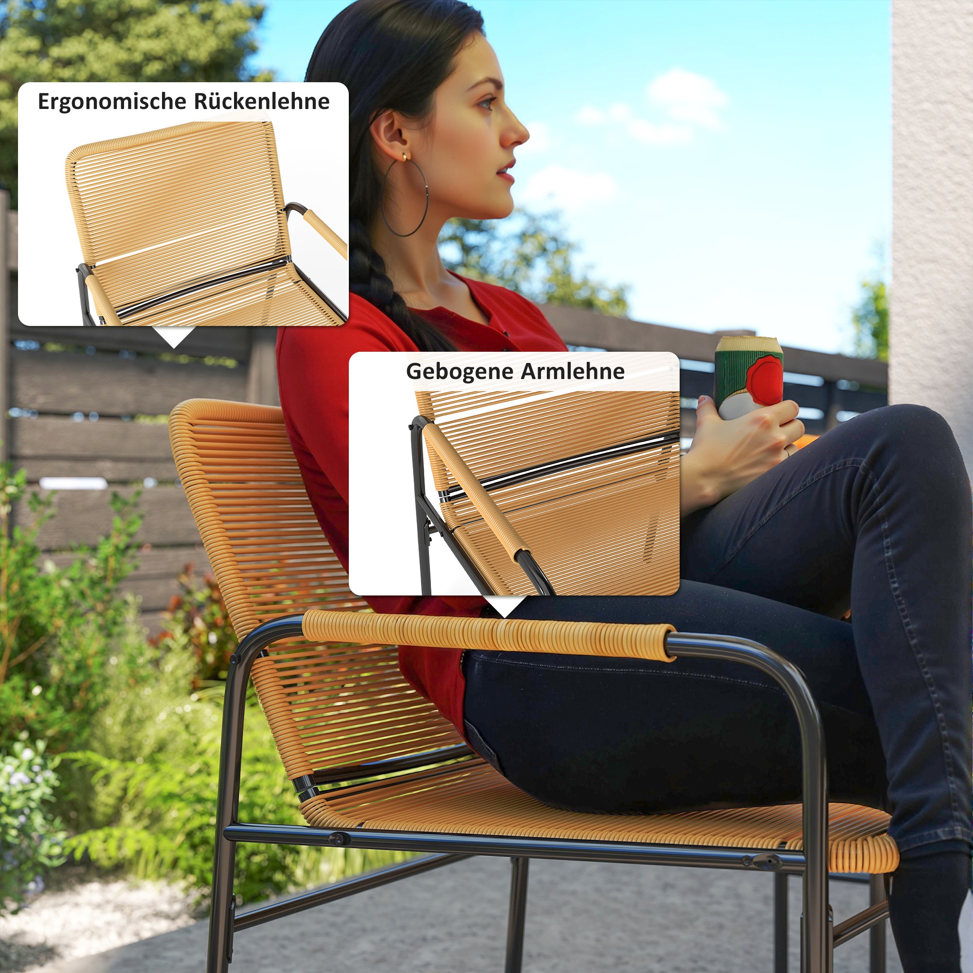 Outsunny 3-delig Rattan Bistroset, Zitgroep, Tuinset met 2 Tuinstoelen, Salontafel 54 x 66 x 76 cm Geel