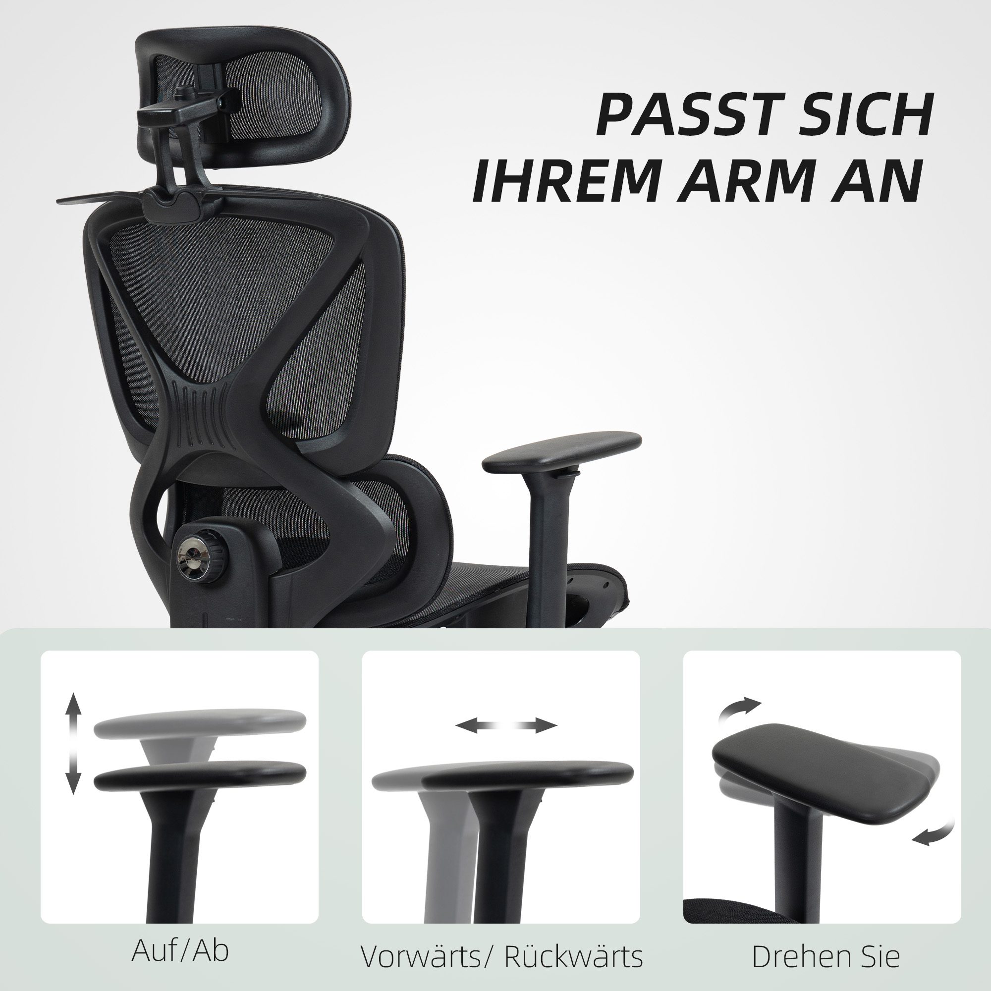 HOMCOM Bureaustoel, Ergonomisch Draaibaar, 135 Graden Kantelbaar, Verstelbaar, Zwart