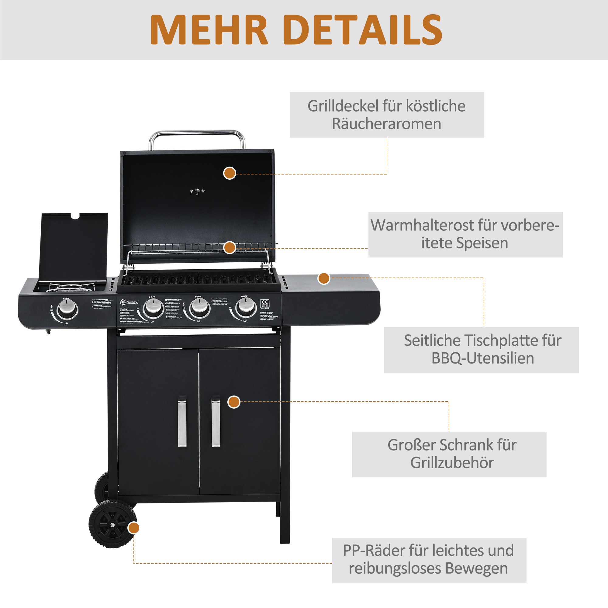 Outsunny gasgrill BBQ met 4 branders metaal zwart 110 x 50 x 100 cm