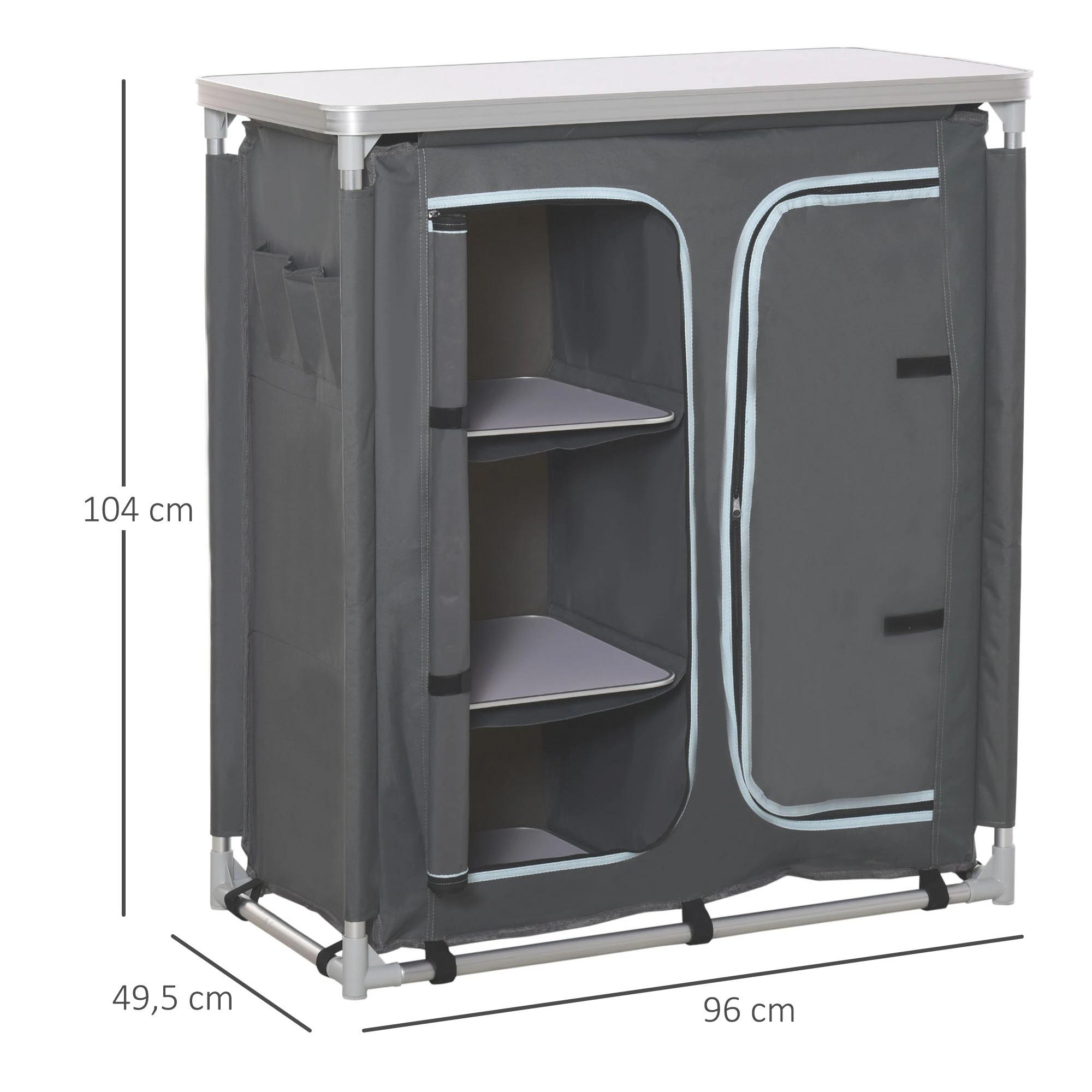 Outsunny Campingkast inklapbaar keukenbox draagbaar met 3 planken 1 kast grijs