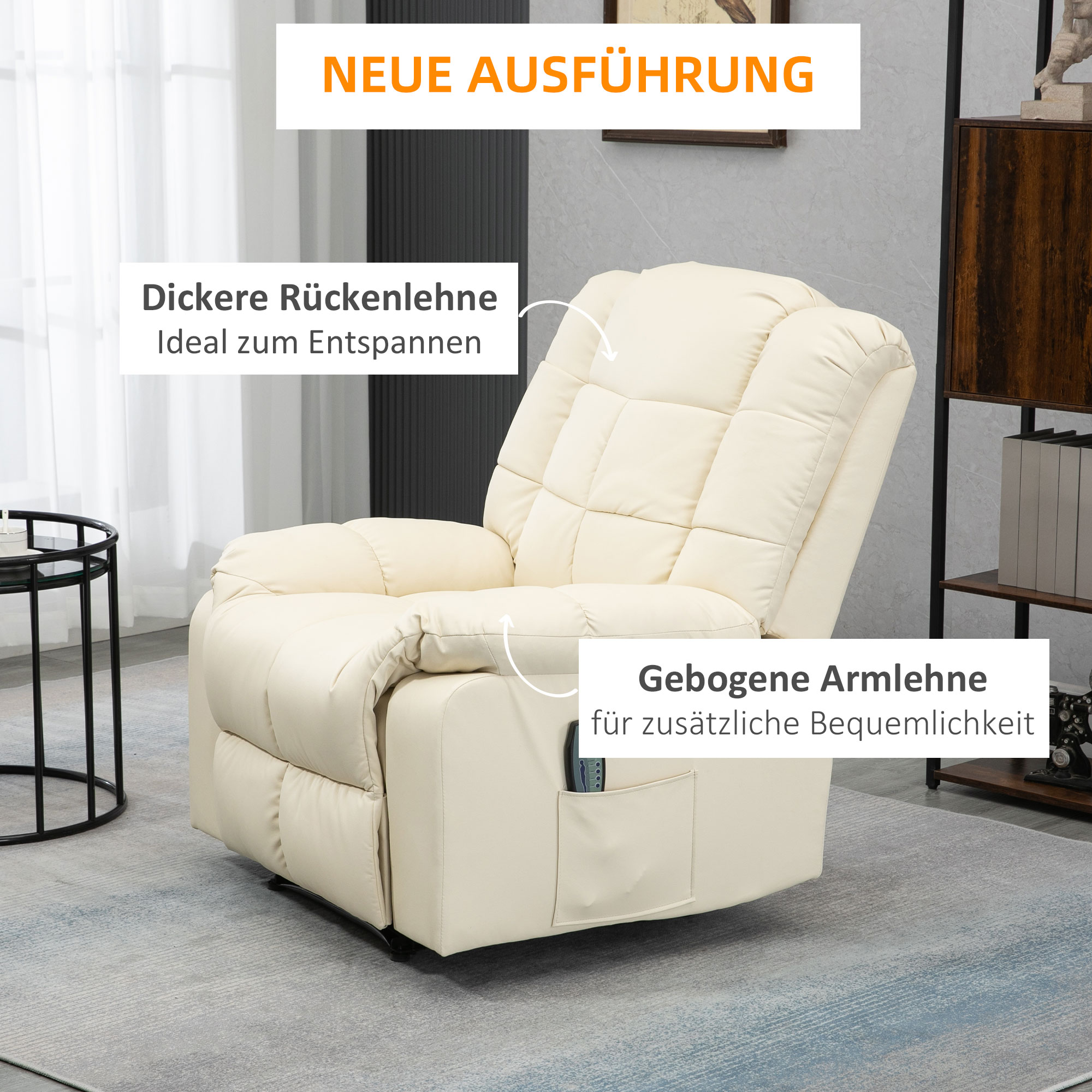 HOMCOM massagestoel, fauteuil, 8 trillingspunten, ligfunctie, kunstleer, roomwit, 94x99x99cm