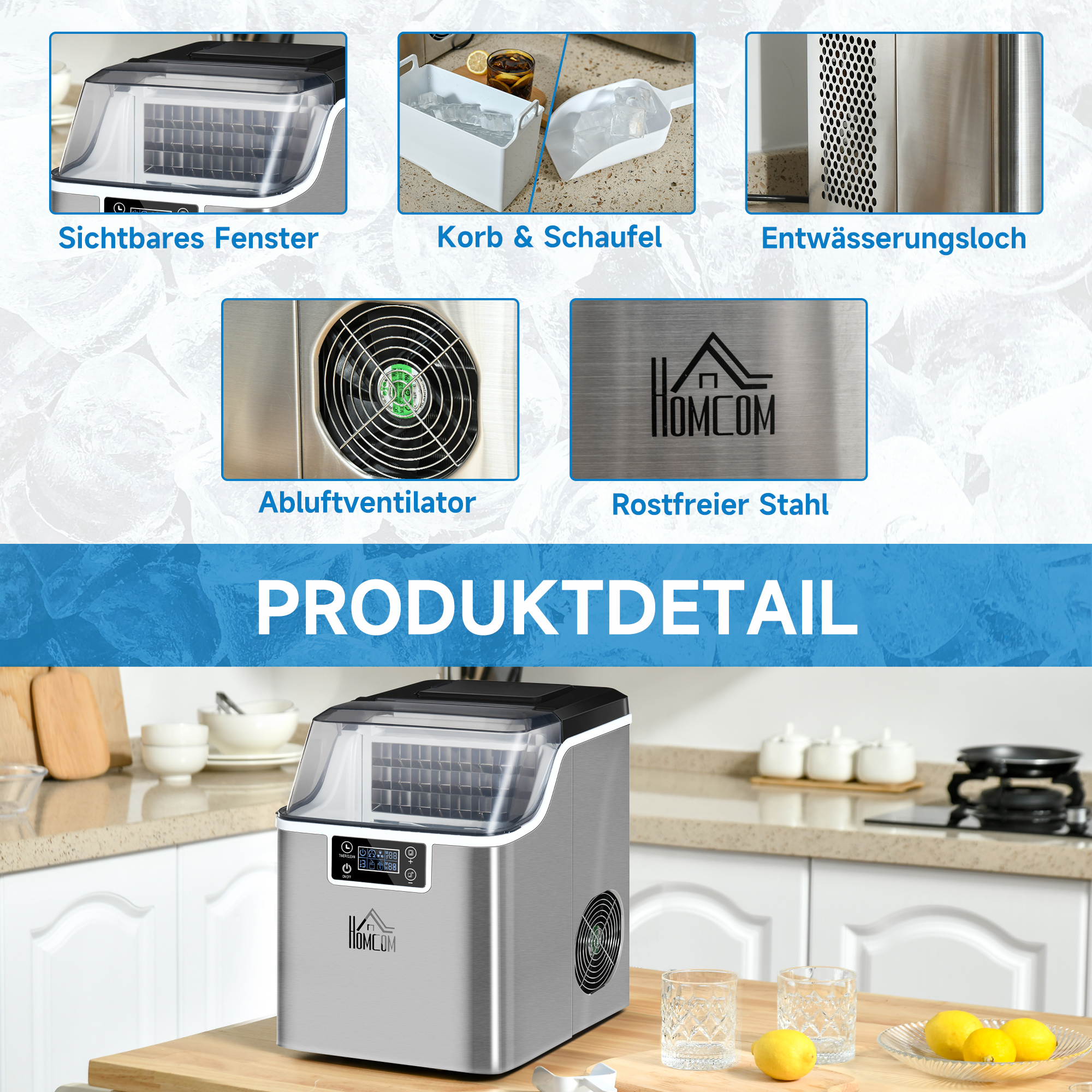 HOMCOM ijsblokjesmachine 20 kg/24u 2.3 l ijsblokjesmachine met 3.2 l waterreservoir display RVS zilver 25,2 x 36 x 37,1 cm